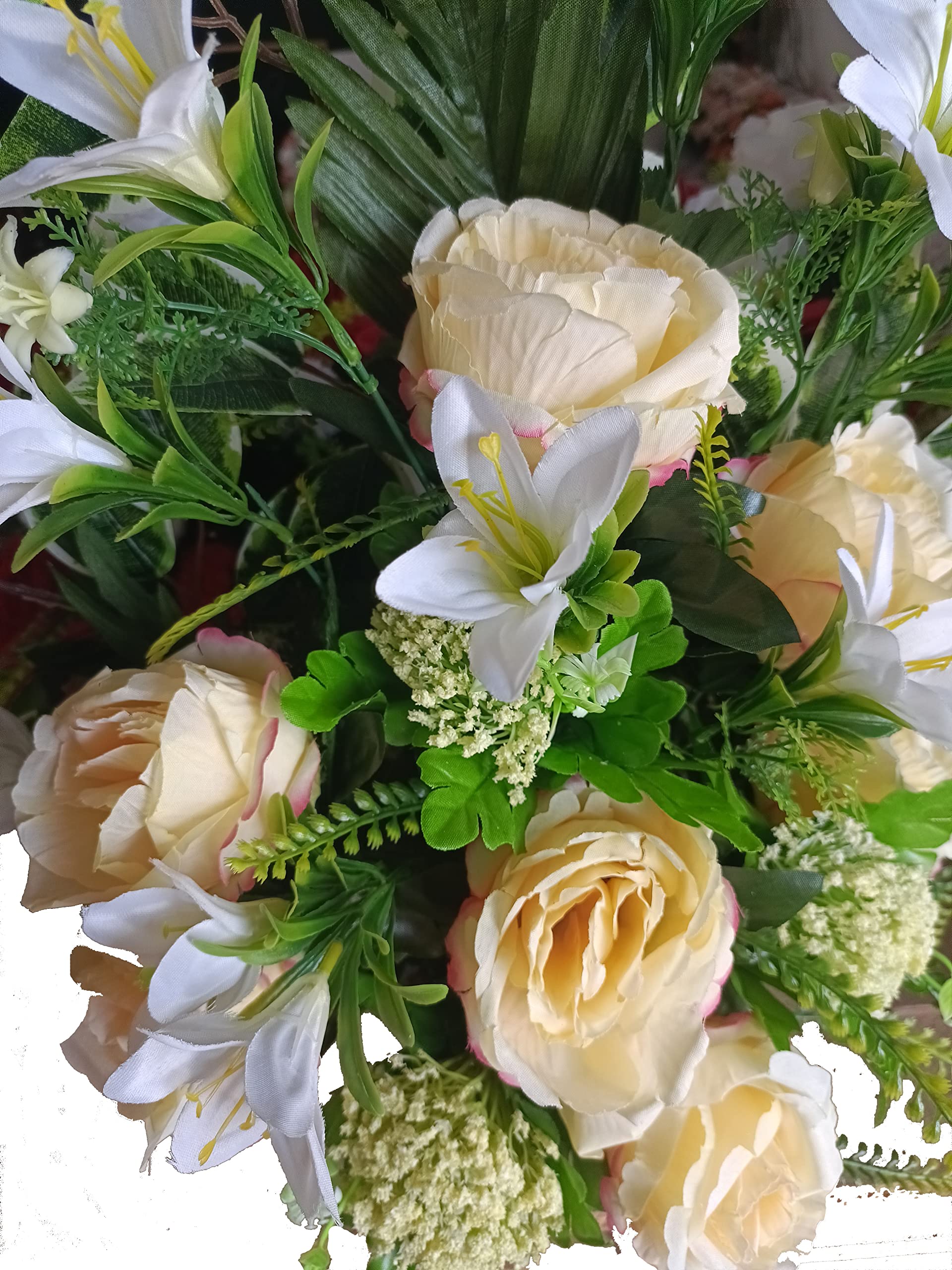 DRW Centro de Flores Artificiales Cementerio, Santos, Aniversarios Rosas Amarillas y campanillas Blancas 55 cm Ancho x 60 cm Altura x 25 cm Profundidad (Aprox)