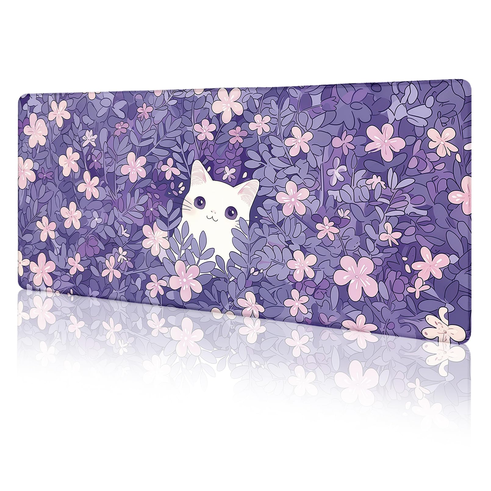Cat Purple Mouse Pad Large Desk Mat, Kawaii Purple Computer Mousepad with Stitched Edges Non-Slip, Keyboard Mouse Pad for Desktop Cute Office Supplies Desk Decor Accessories 31.5x11.8 in