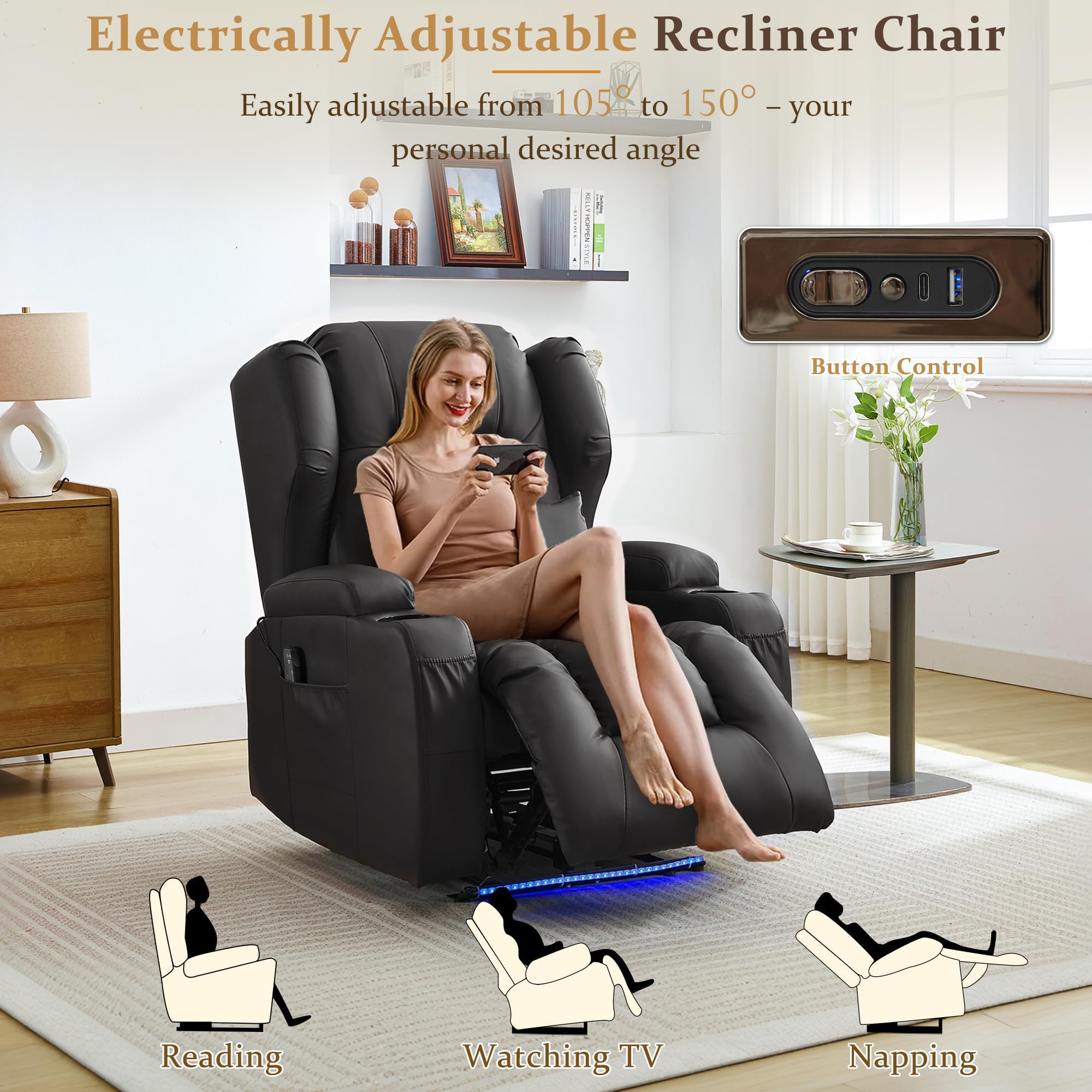 Elektrischer Relaxsessel mit Liegefunktion, TV Sessel mit Heizung & Vibrierende Massage, Lederimitat Heimkinositze mit LED Streifen für Wohnzimmer, USB-Anschl¨¹sse, bis 150 kg (Schwarz)