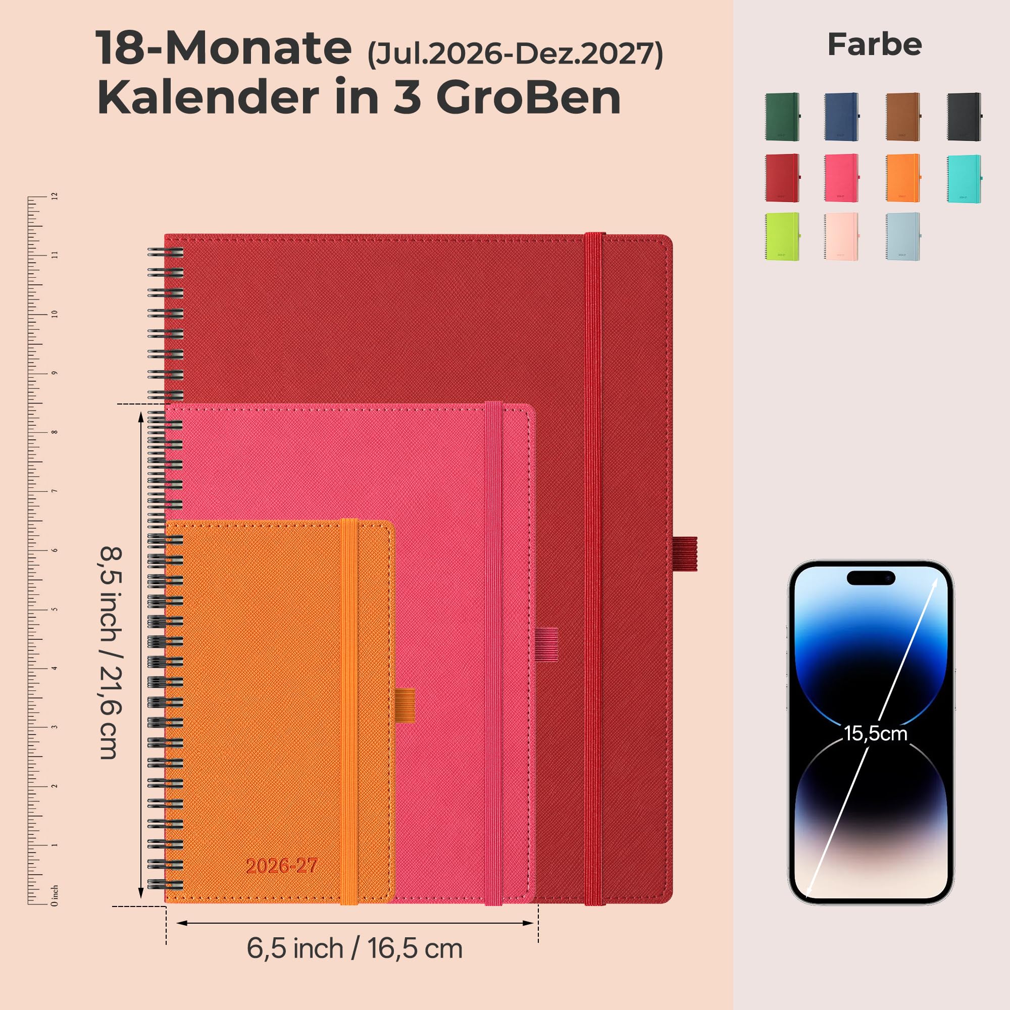 Kalender 2026 2027 Wochenplaner,A5(21,9x 16,2cm),18-Monate Buchkalender (Jul.2026-Dez.2027) Ringbuch mit Softcover,wochenkalender mit selbstklebendem Stifthalter,Rosenrot,Querformat.