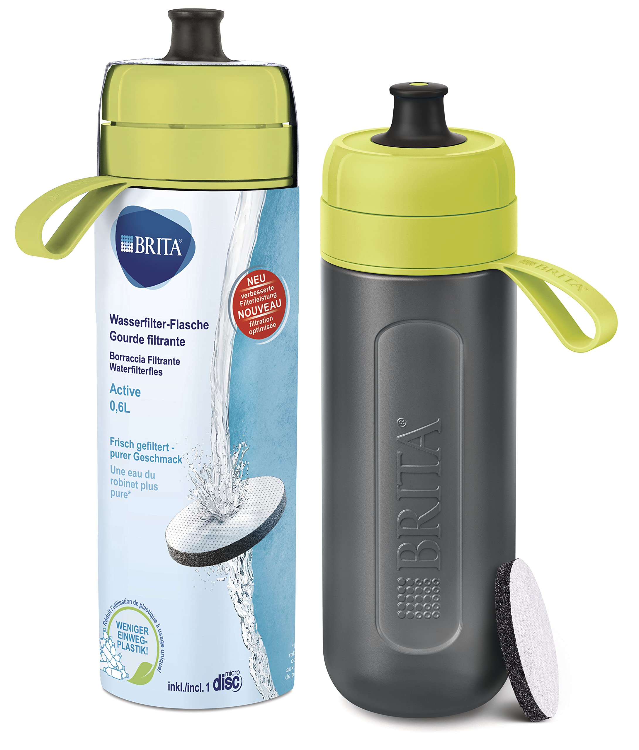 Brita Fill&go Active Limone - Botella de Agua con Filtro de Agua para Viajes, Hecha de plástico sin bisfenol A