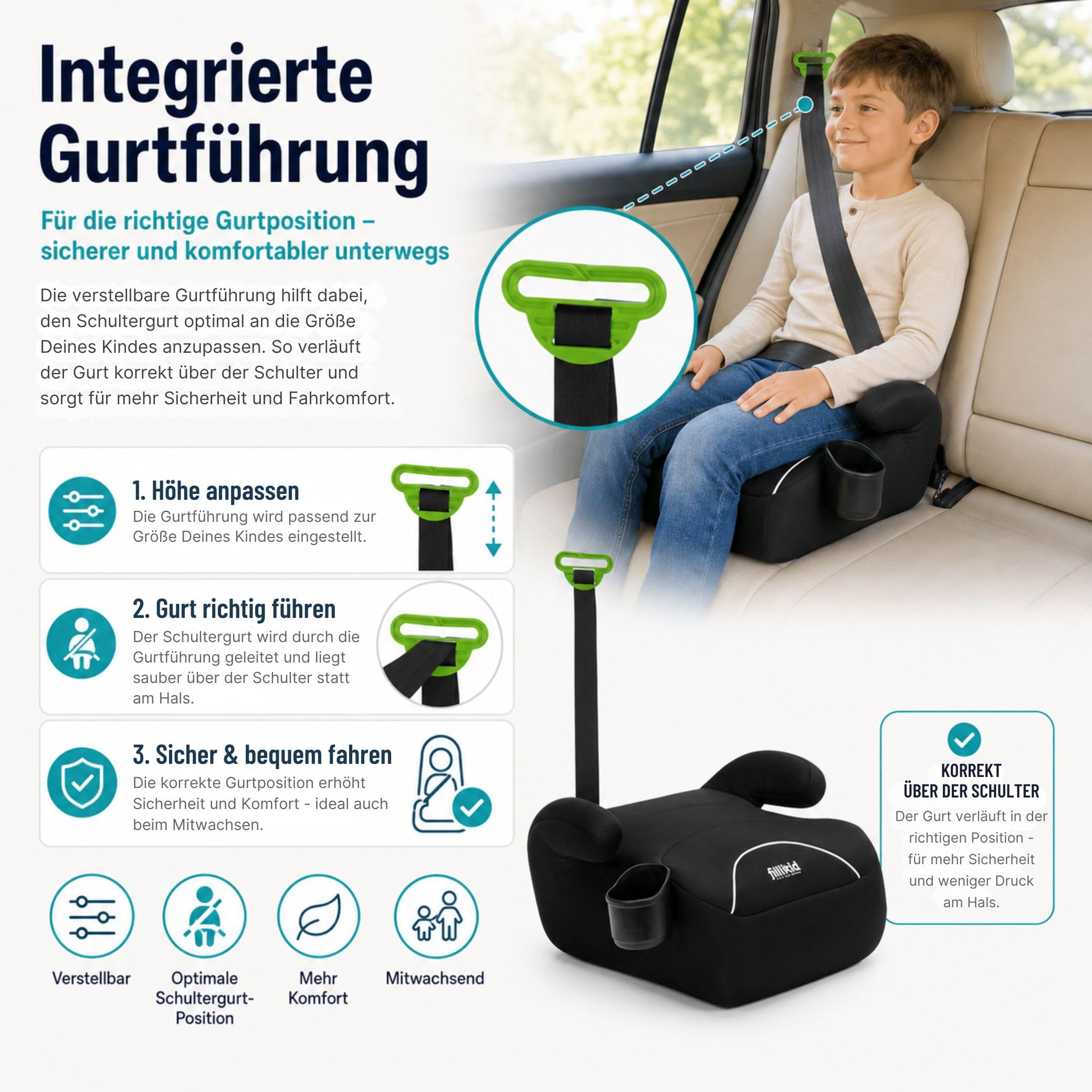 Fillikid Kindersitzerhöhung ohne Isofix, Reboarder | Für Kinder 6-12 Jahre, 125-150cm (ca. 22-36kg)