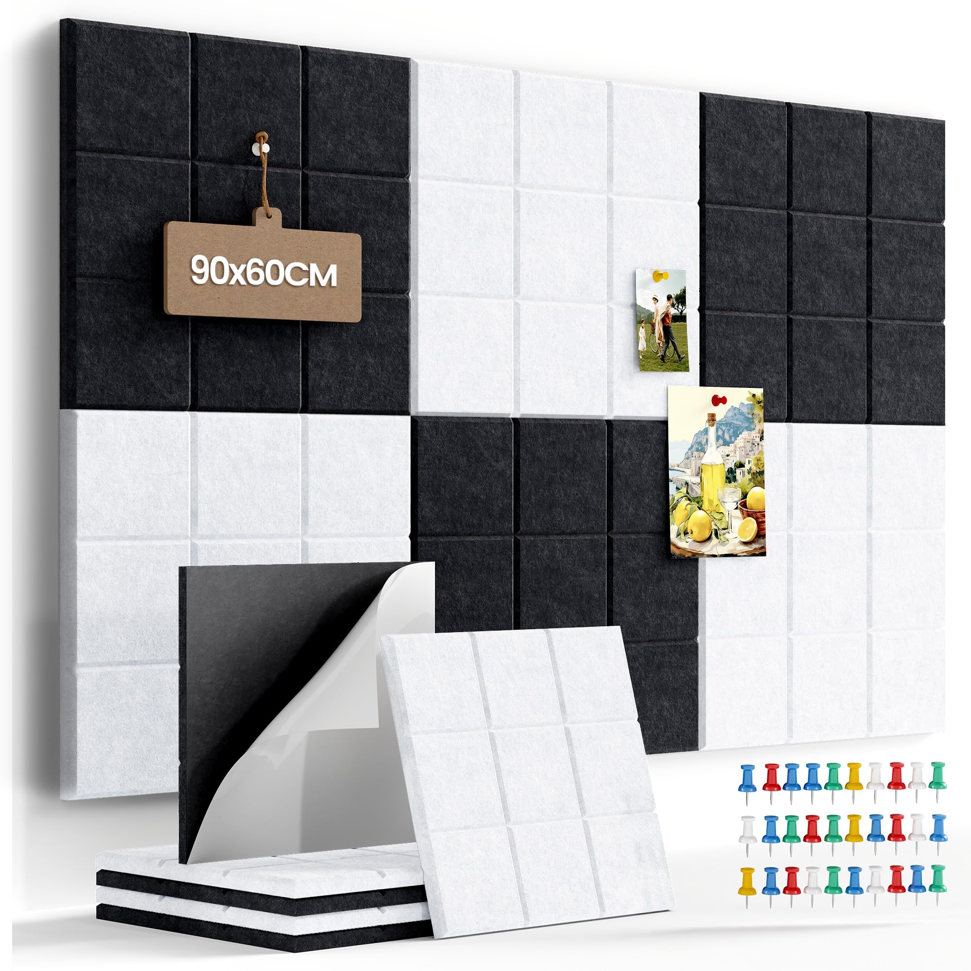 Uoisaiko 90 x 60cm Large Felt Pin Board for Walls, 6 Pack DIY Bulletin Board Tiles, 0.9cm Thick Cork Board Alternative with 30 Push Pins, Acoustic Vision Board for Office, School & Home Decor — image 1