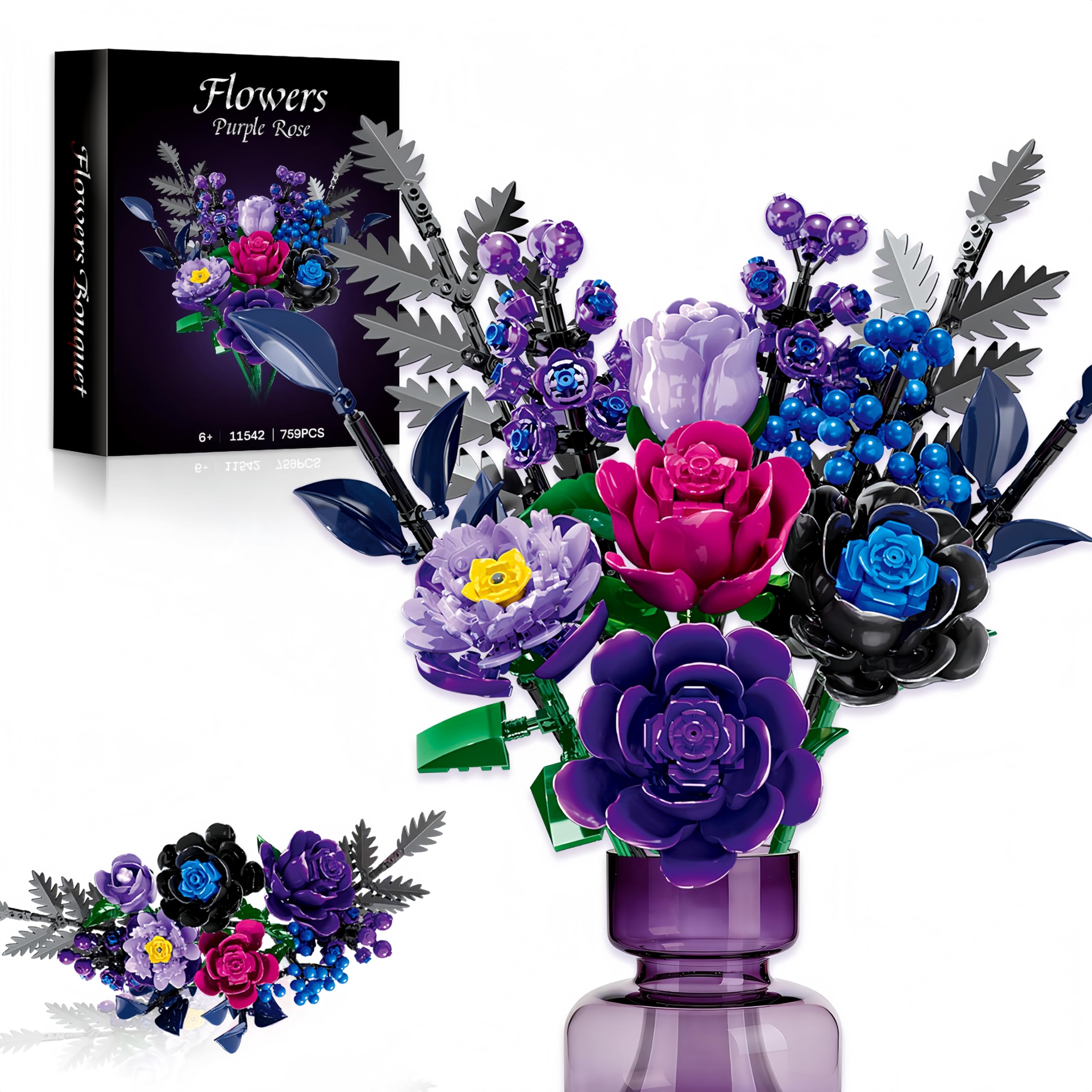 Purple Black Rose Flowers Bouquet Building Set – Lego Compatible 12Pcs Gothic Botanical Collection, Home Office Decor for Women Adults, Valentines Day, Mother's Day, (No Vase)