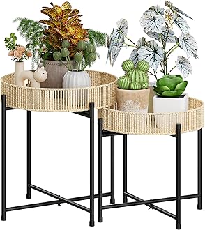Bamworld Plant Stands Set of 2 Tall Plant Stand Indoor Rattan Plant Table for 5 Pots Plants Round Flower Stand Outdoor for Home Decor Balcony Patio
