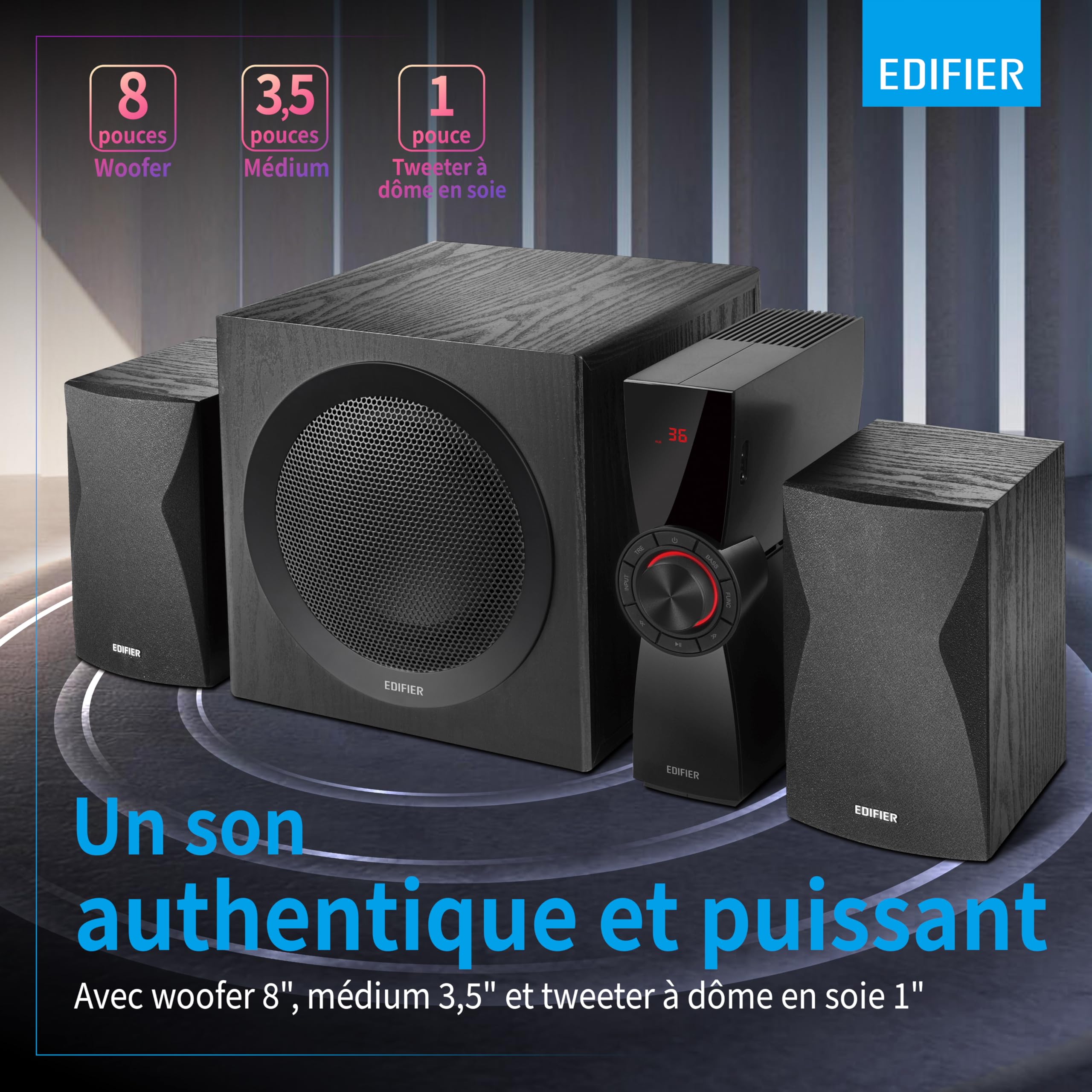 Edifier CX7 - Pack d'enceintes multimédia 2.1, 69W, avec Bluetooth V5.0, subwoofer de 21 cm (8 Pouces) et télécommande Infrarouge : Parfait pour la télévision, Le PC, l'ordinateur Portable, etc.