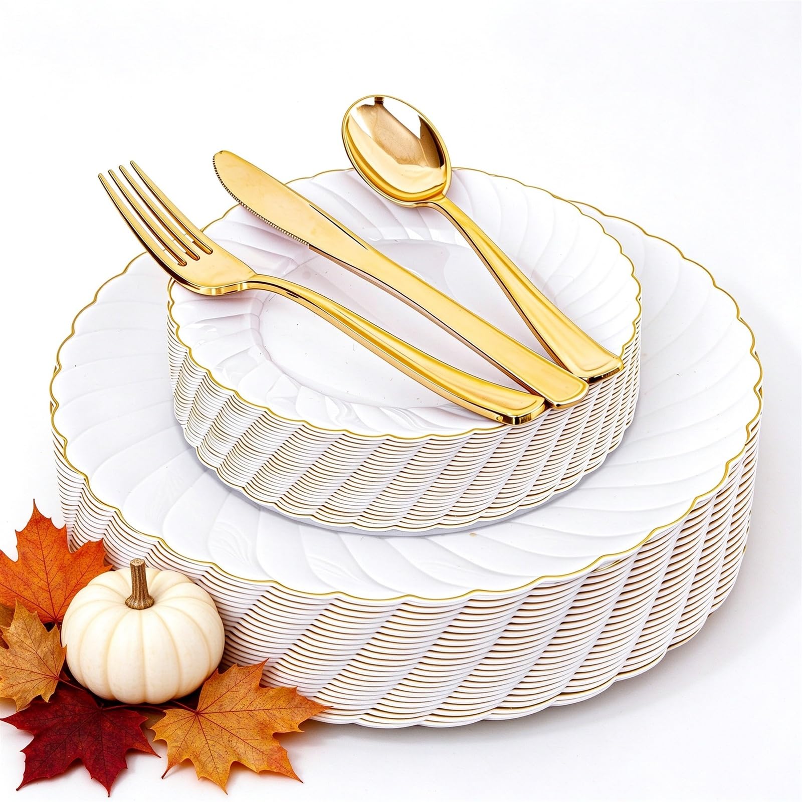 YOUBET 125PCS White and Gold Plastic Plates for Wedding and Thanksgiving
