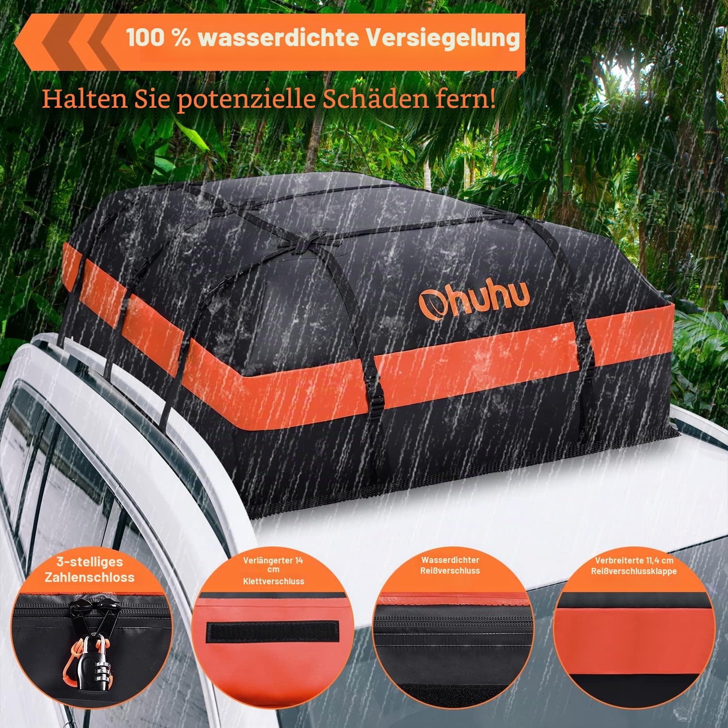 Dachbox Auto 21 Kubikfuß, Ohuhu 840D Wasserdicht Dachtasche Auto mit Anti-Rutsch-Matte, Verstärkte Gurte, Türhaken und Gepäckschloss, Dachgepäckträger alle Fahrzeugdächer mit/ohne Gepäckträger