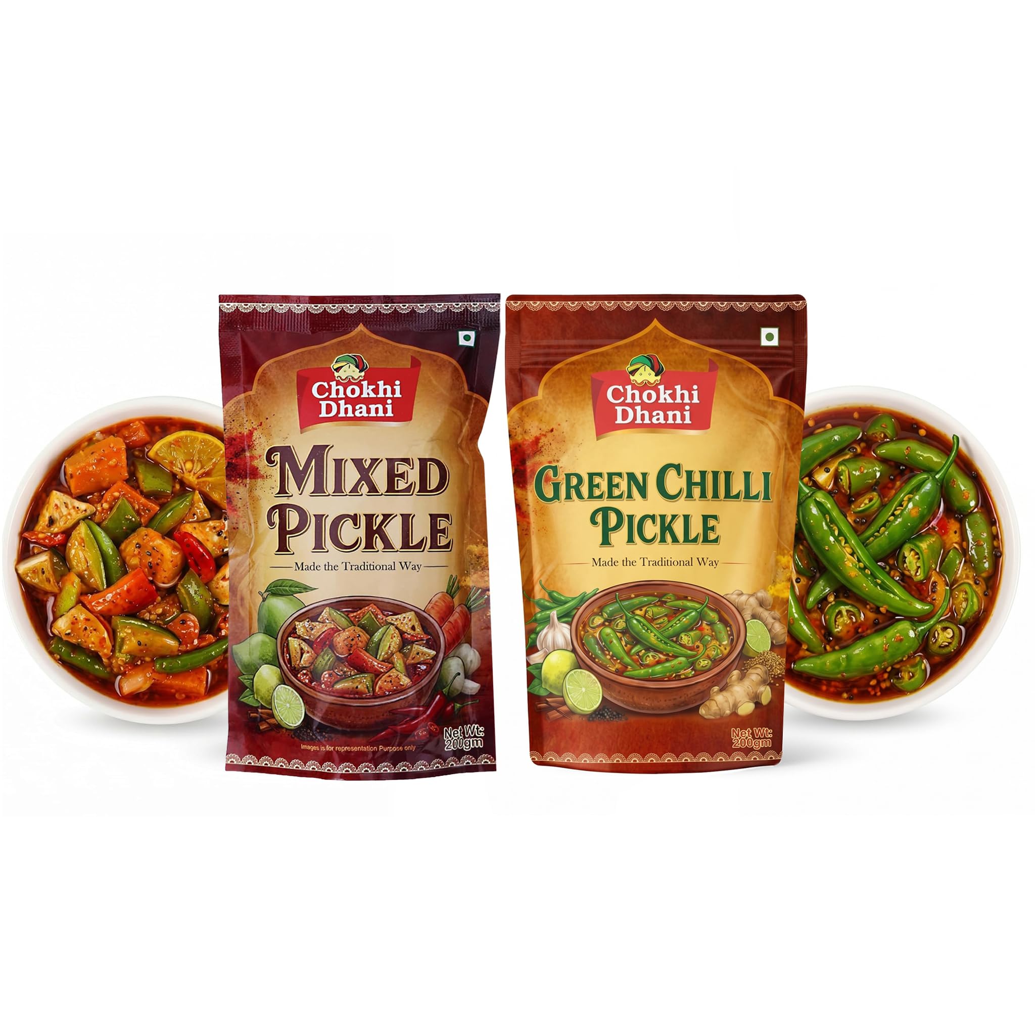 Chokhi Dhani Pickle Combo Pack - Mixed Pickle 200g + Green Chilli Pickle 200g | Traditional Indian Achar | Homemade Style | Spicy & Tangy | No Artificial Flavours