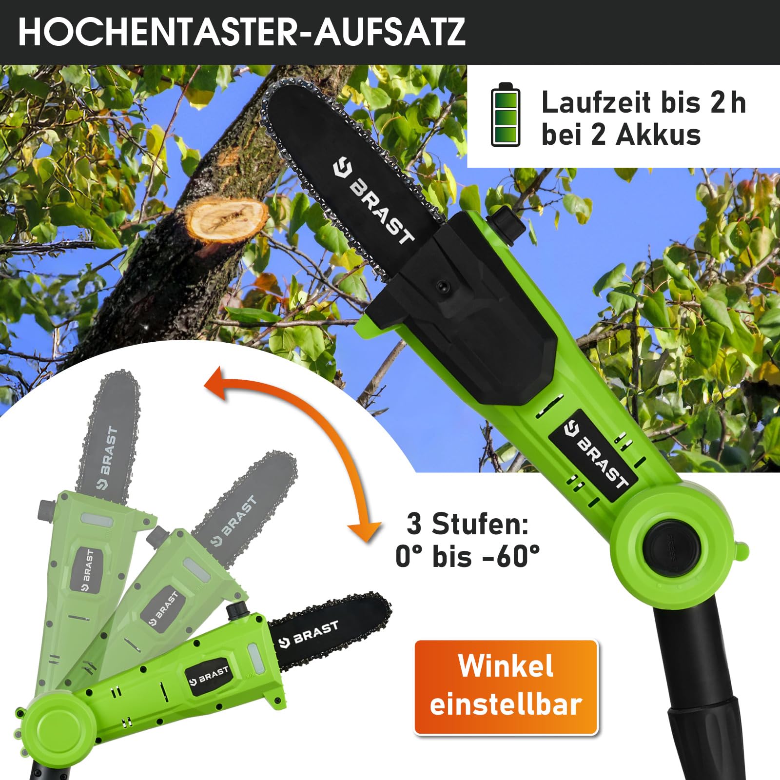 BRAST® Teleskop-Heckenschere und Hochentaster | 2in1 Funktion | 2X 20V 4Ah Akkus + Ladestandsanzeige | stufenlos verstellbar | inkl. Schnellladegerät, gummierter Griff + Schultergurt