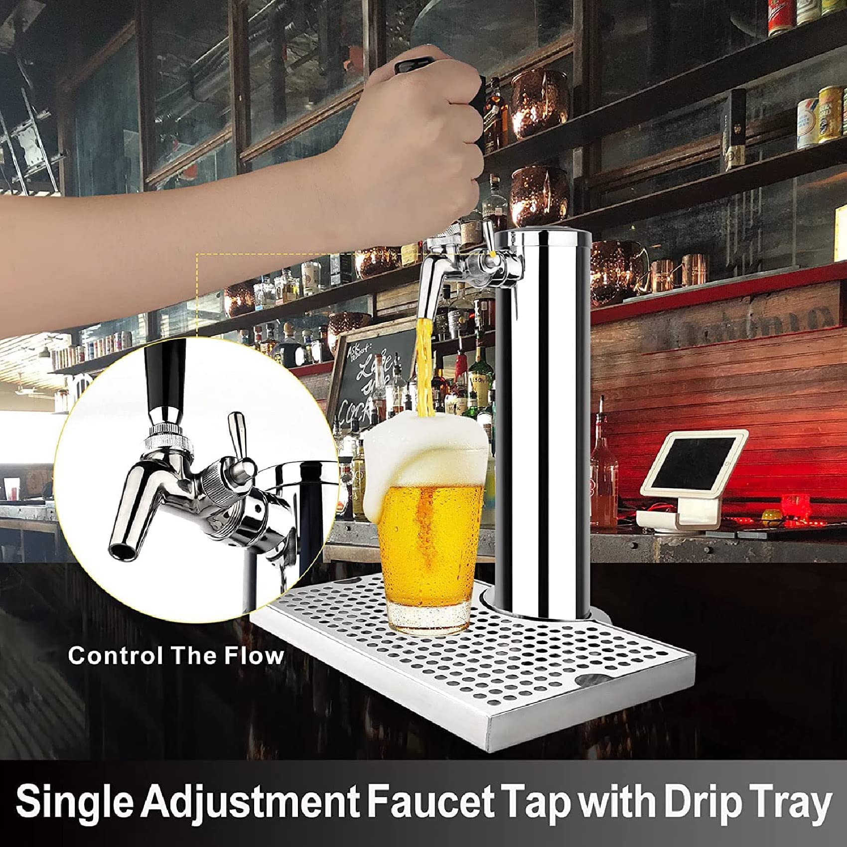Kit de torre Kegerator de un solo grifo de acero inoxidable, ideal para fiestas, Copa del Mundo, Navidad y eventos, incluye bandeja de goteo de 12 x 7 pulgadas, columna de 3 diámetros