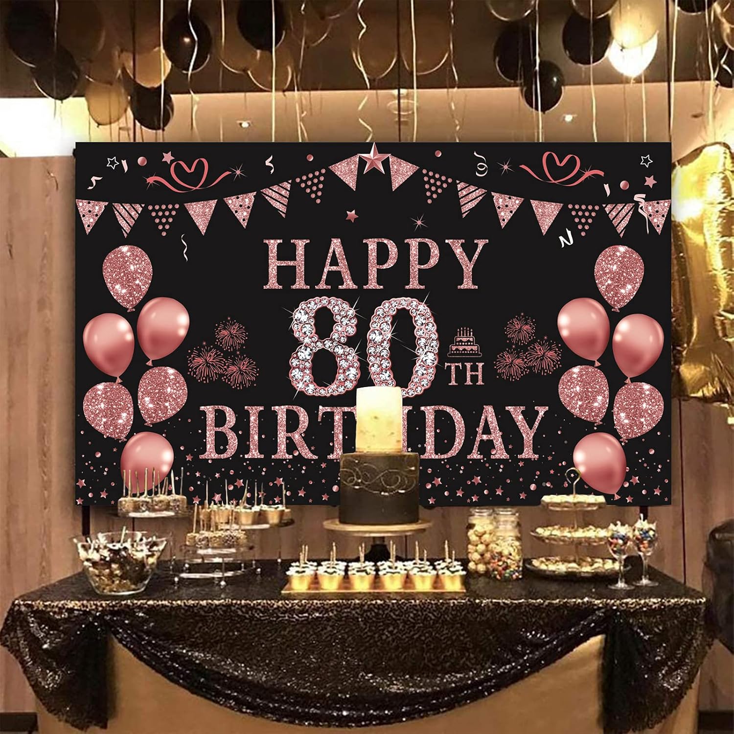 Trgowaul 80th Birthday Decorations for Women Rose Gold Birthday Backdrop Banner 5.9 X 3.6 Fts Happy 80th Birthday Party Suppiles Photography Supplies Background Happy 80th Birthday Decoration - Image 8