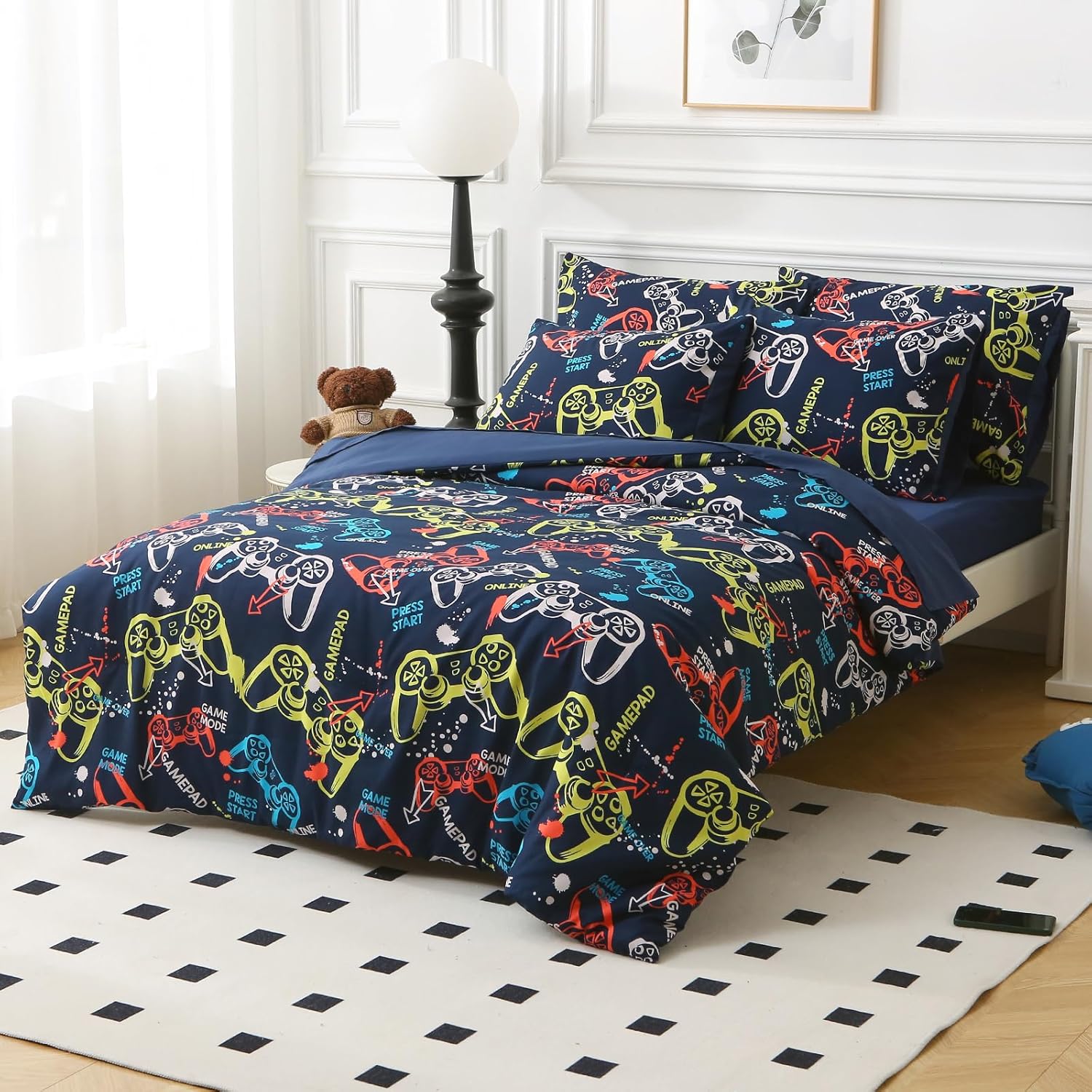 Glow in The Dark Kids Comforter Set, 4 Pieces Gamepad Pattern Bedding Set Full Size for Boys Girls Teen, 1 Comforter, 1 Pillowcase, 2 Pillow Shams - Image 3