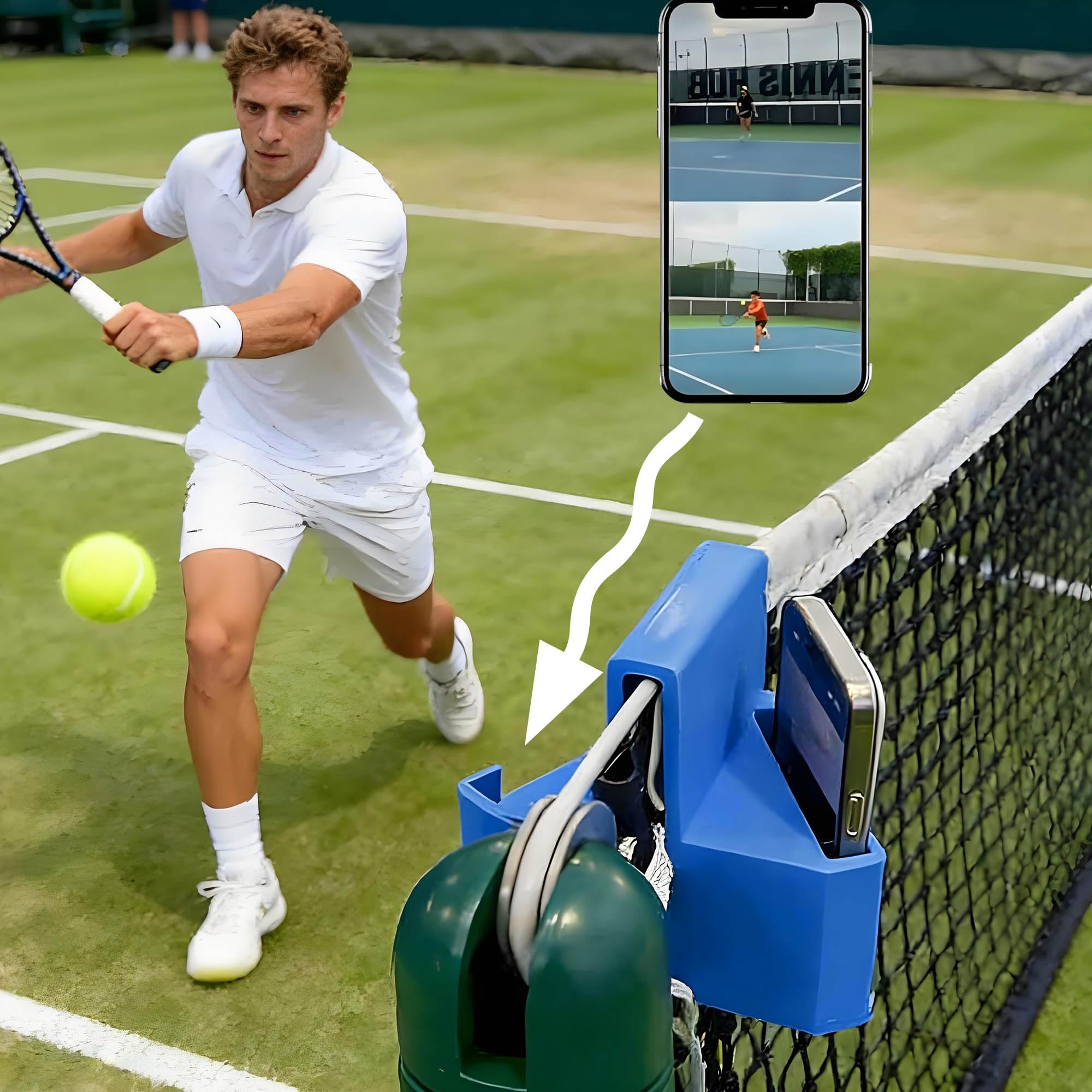 CHENNAN Supporto per cellulare con rete da tennis, supporto per cellulare con stampa 3D, compatibile con due smartphone, ideale per l'allenamento di tennis, pickleball, pallavolo