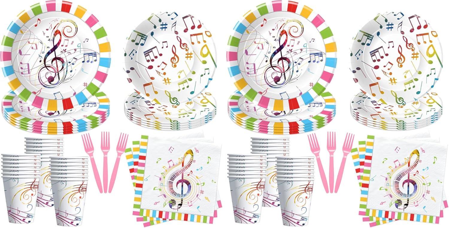 Music Theme Party Decorations Dinnerware, Colorful Social Media Theme Music Notes Party Supplies Tableware for Birthday & Baby Shower, Paper Plate, Cup, Napkin, Fork | Serves 24 (Pack of 2)