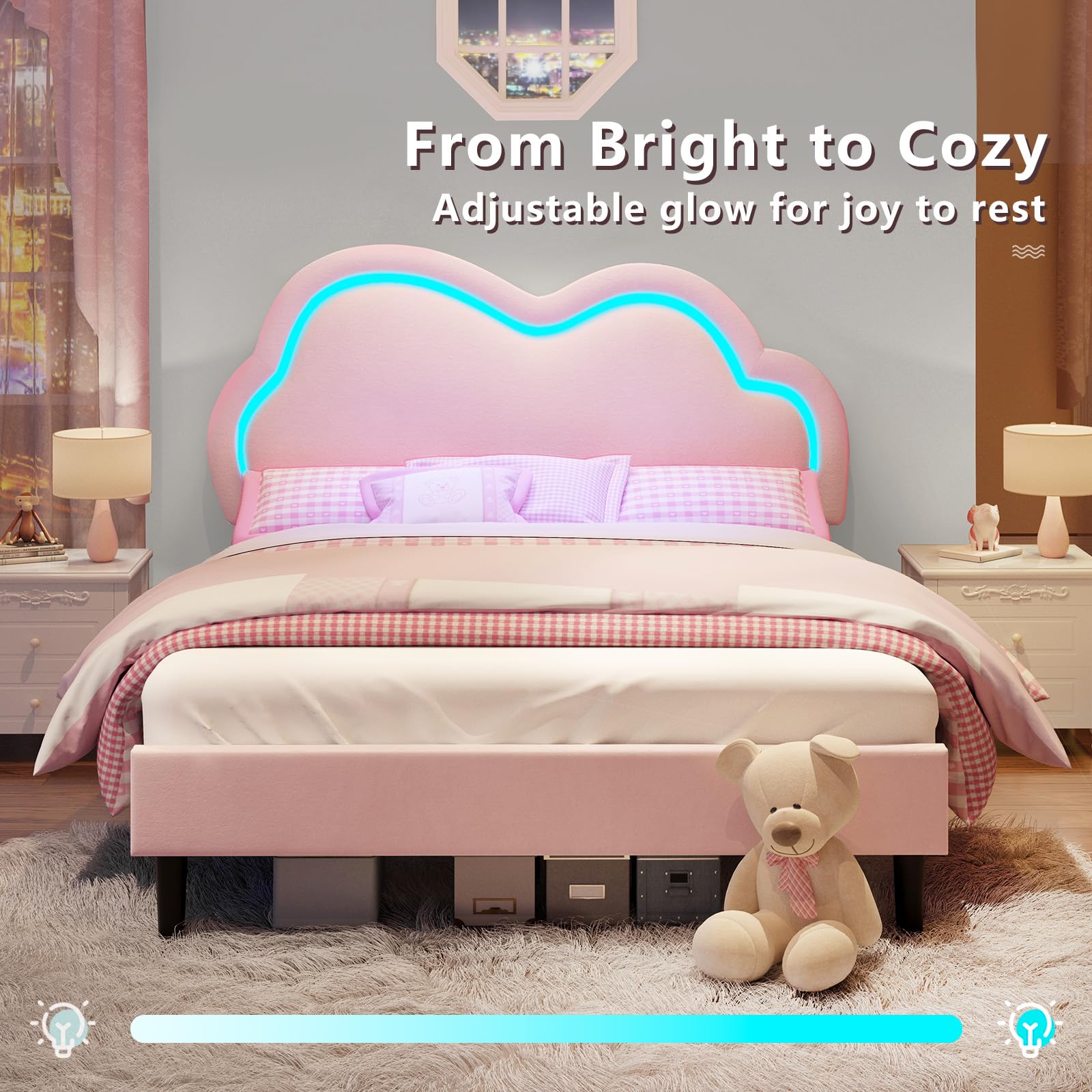 LUXOAK Cadre de lit 140 x 200 cm pour Fille, avec tête de lit en Forme de Nuage réglable, revêtement en Velours, éclairage RGB, Espace de Rangement de 18 cm sous Le lit, sans sommier, Couleur Rose.