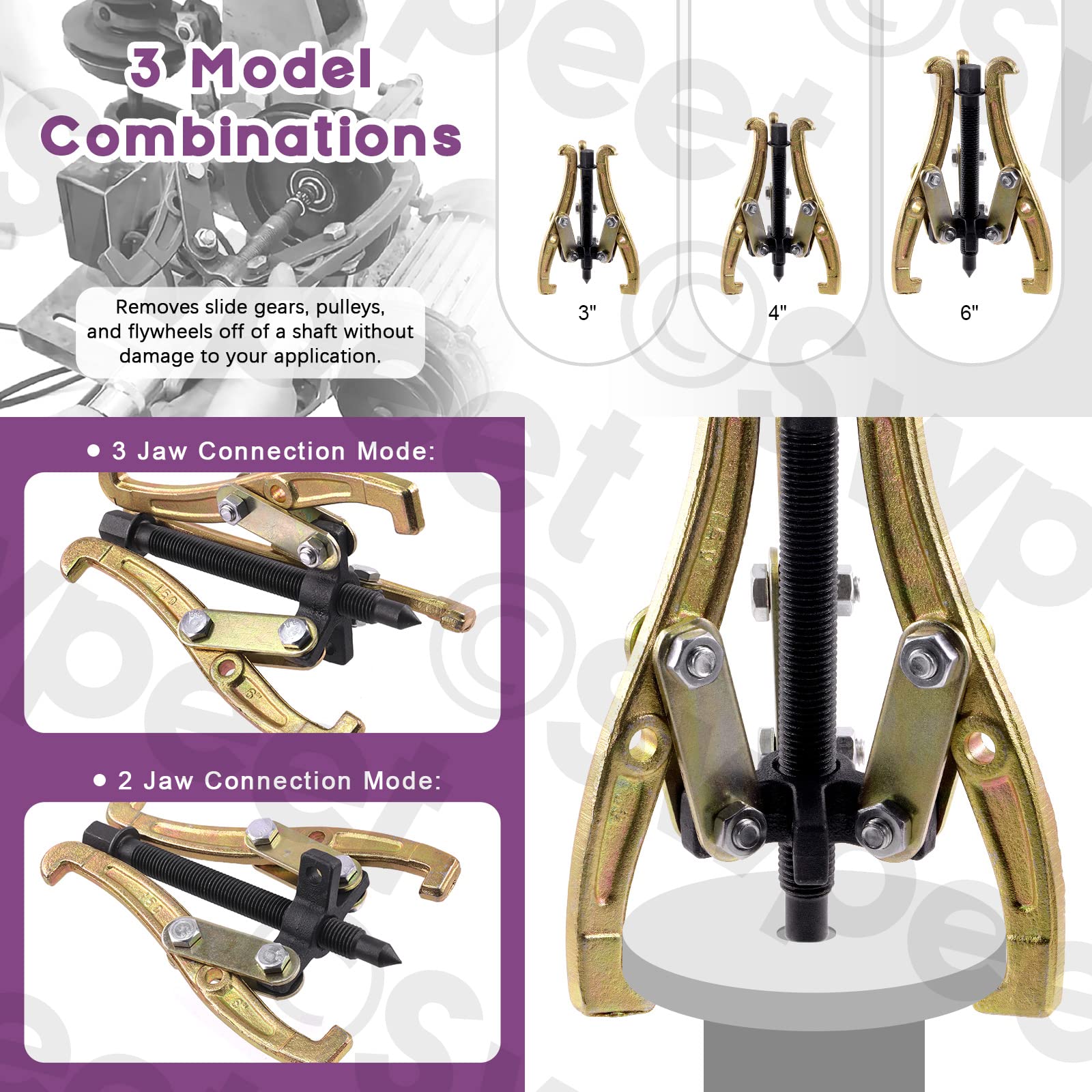 Swpeet 3Pcs 3 Mâchoires Kit d'extracteurs d'engrenages, 3 Pouces, 4 Pouces, 6 Pouces, 3 mâchoires en Or pour Le démontage des poulies, roulements et Volants d'inertie, kit d'outils de démontage