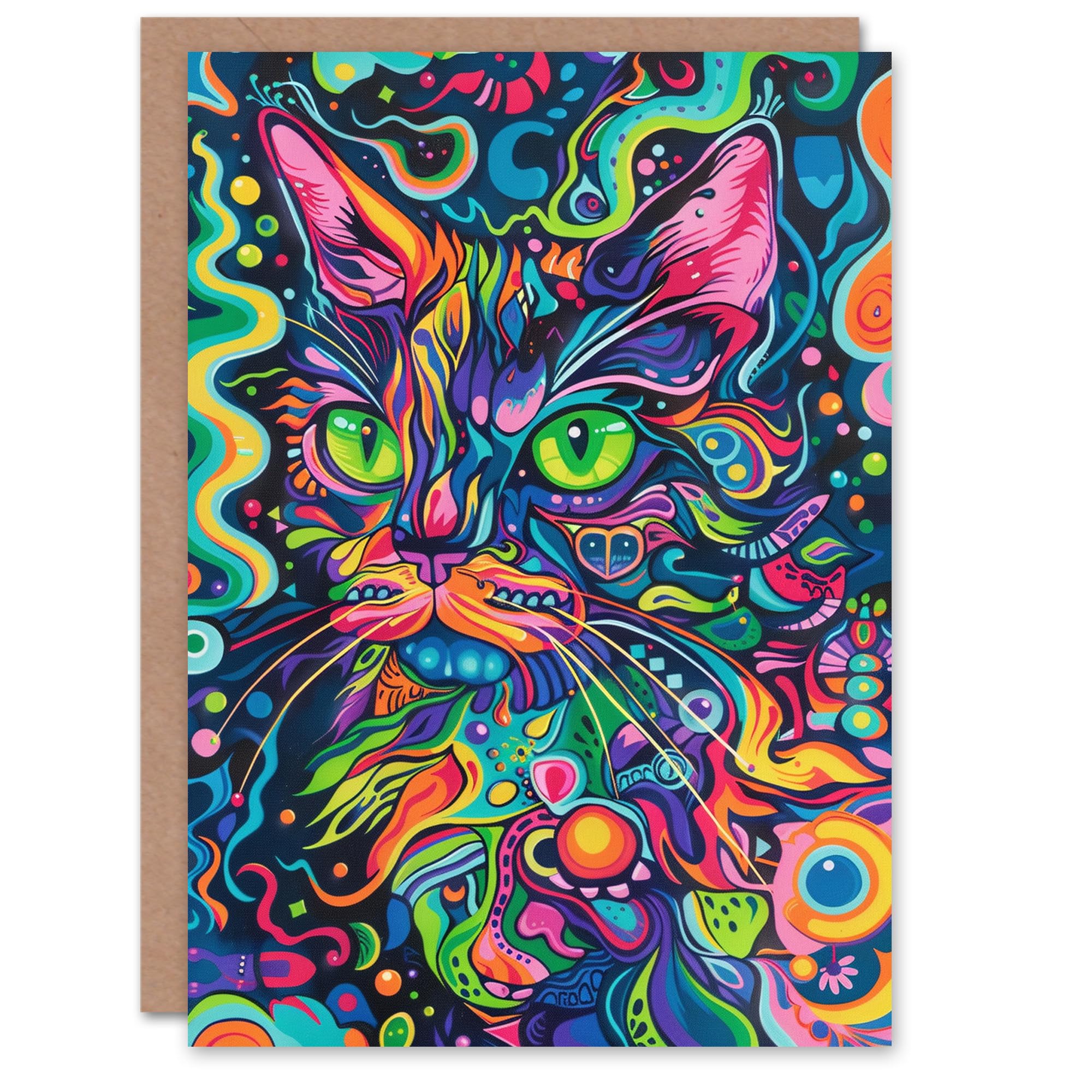 Artery8 Men's Birthday Card - Trippy Psychedelic Cat Lover Portrait Greeting Card