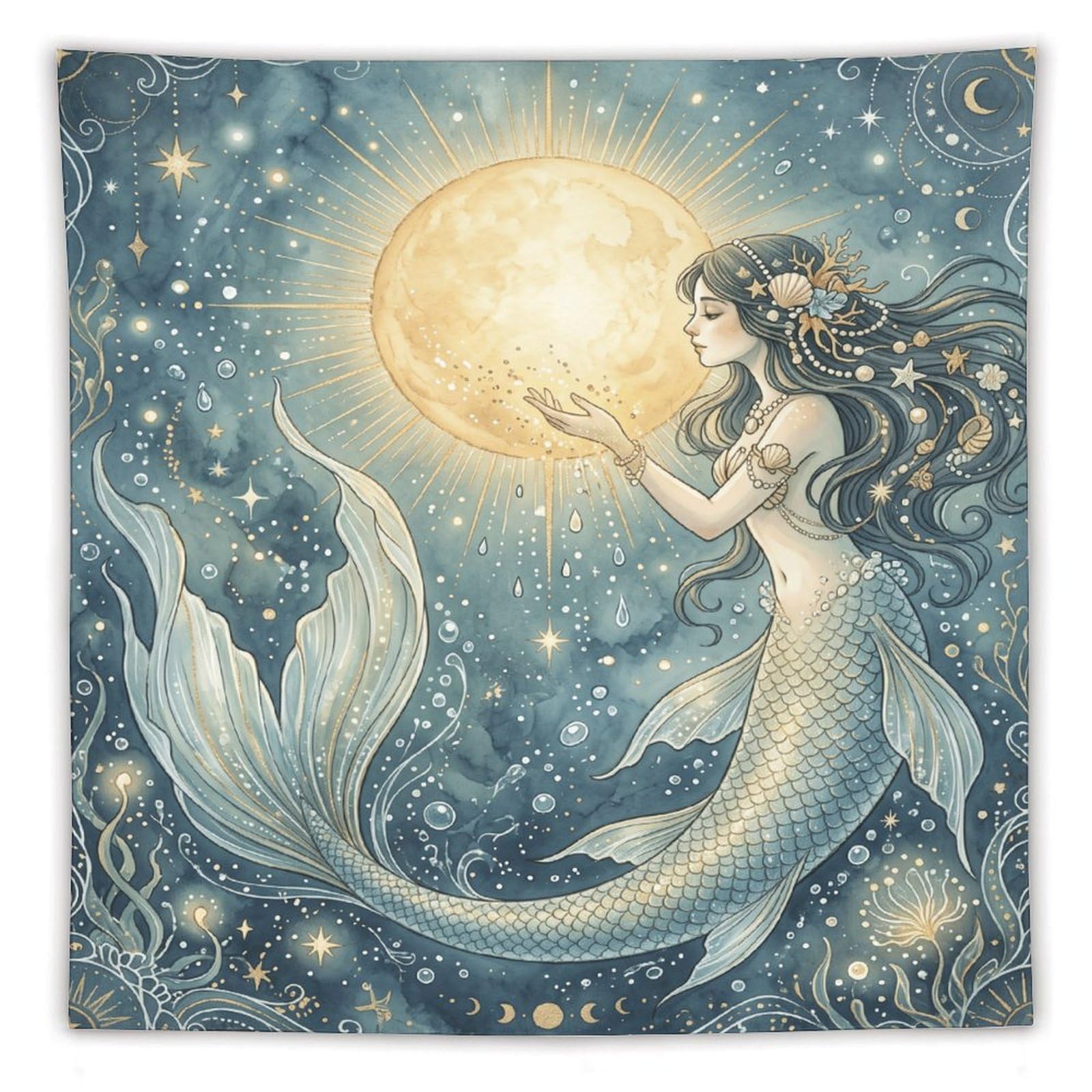 H3B8U2Y5 Moon Mermaid Celestial Wall Tapestry, Surrealist, Starry Sea