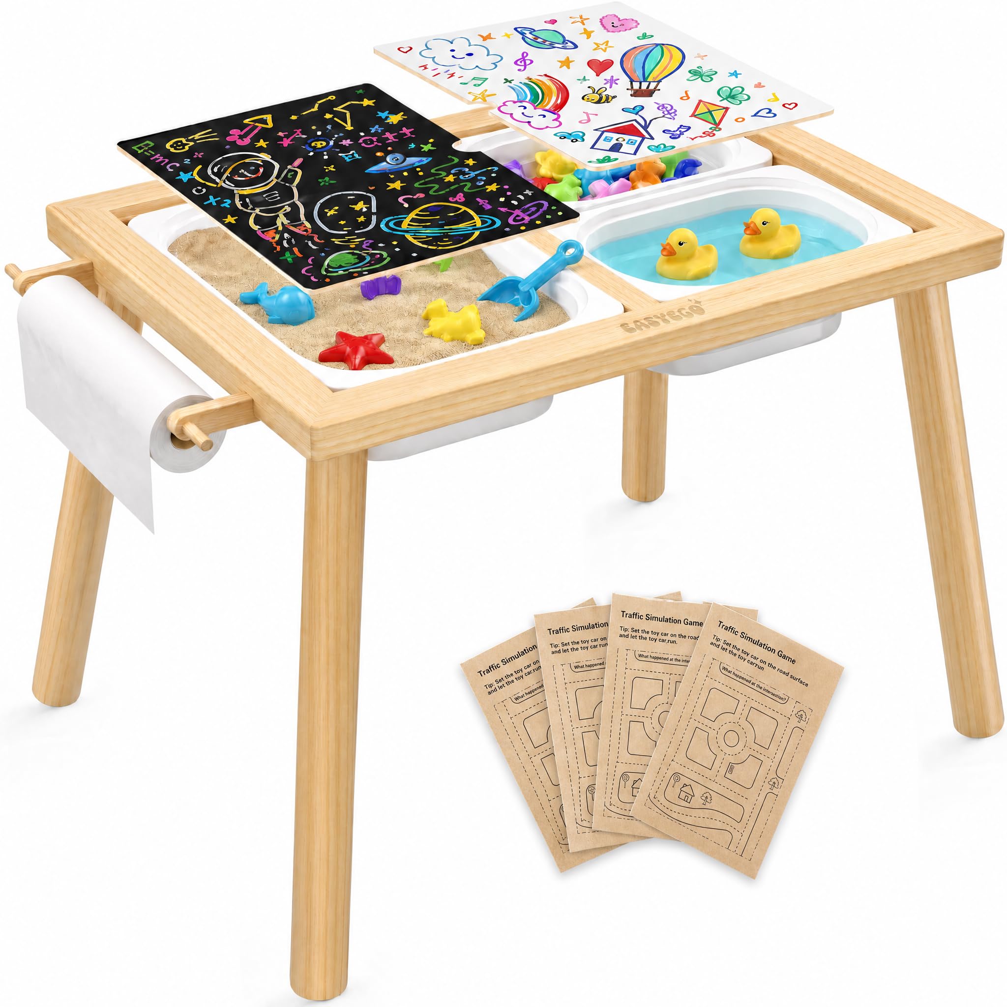 Easyego Sensory Table for Toddlers Kids Play Wooden Sand Water Table with Double-Sided Board &amp; Foldable Storage Bins for Indoor and Outdoor Use, Birthday Gifts for Boys and Girls-Natural Color