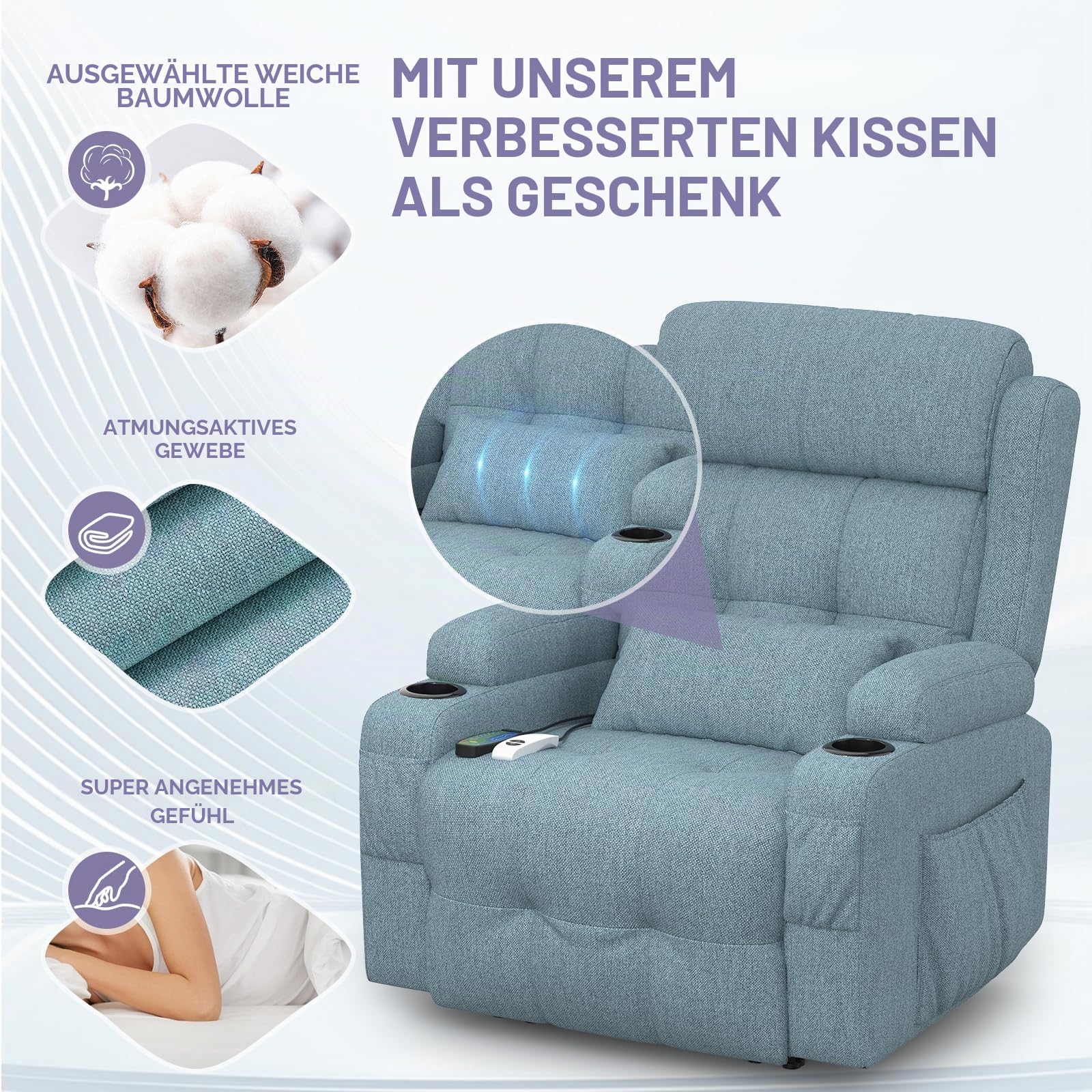 Relaxsessel Fernsehsessel Elektrisch Verstellbar Massagesessel mit Wärmefunktion Liegefunktion,2 Getränkehalter,4 Seitentaschen, TYP C & USB-Anschlüsse, TV Sessel für Fußteil, Wohnzimmer
