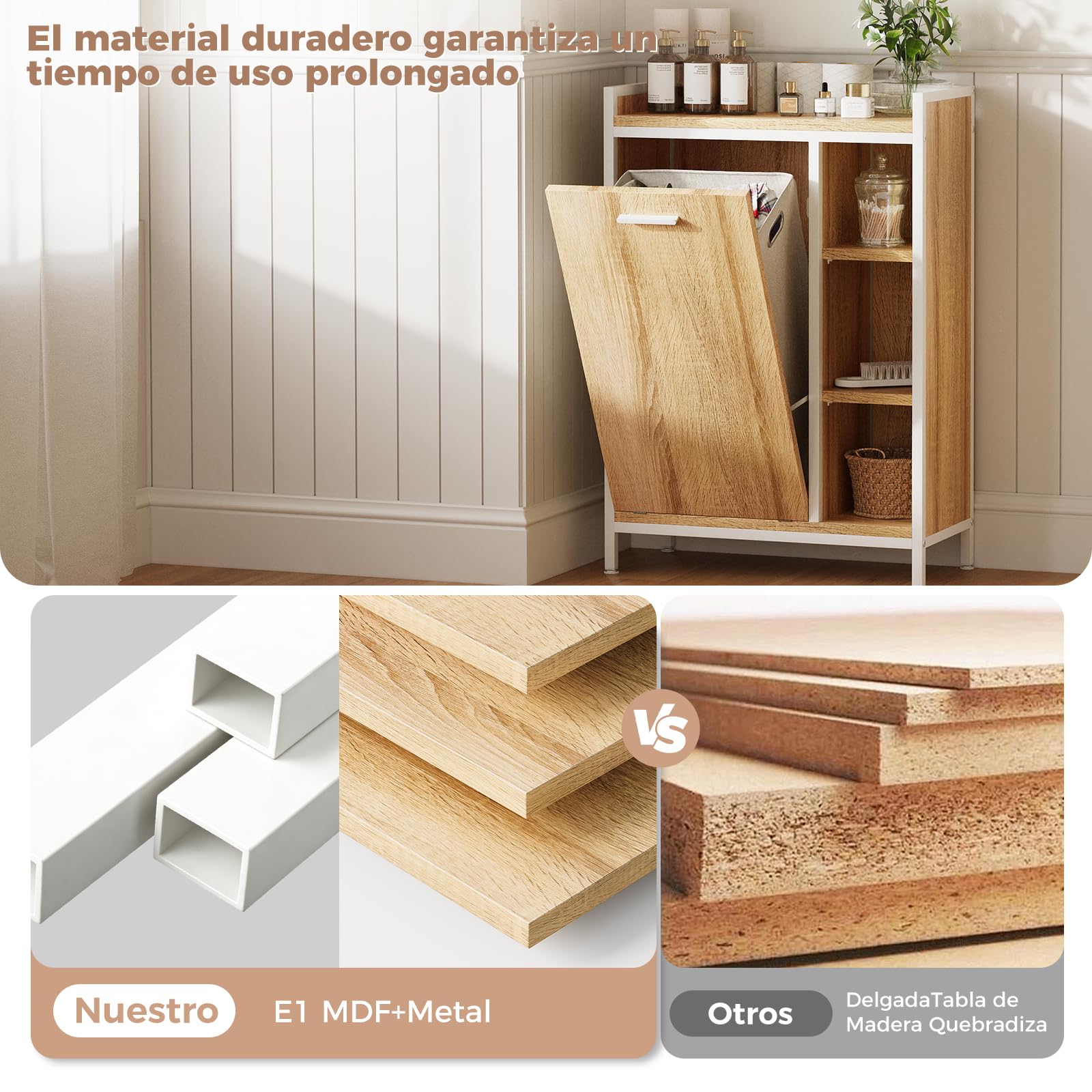 ELUCHANG Armario de Baño con Cesto Ropa Sucia 50L, Mueble de Baño 2 en 1 con 3 Divisiones Ajustables, Bolsa Extraíble Lavable, para Baño y Lavadero, 63x30x91cm, Roble Claro + Blanco