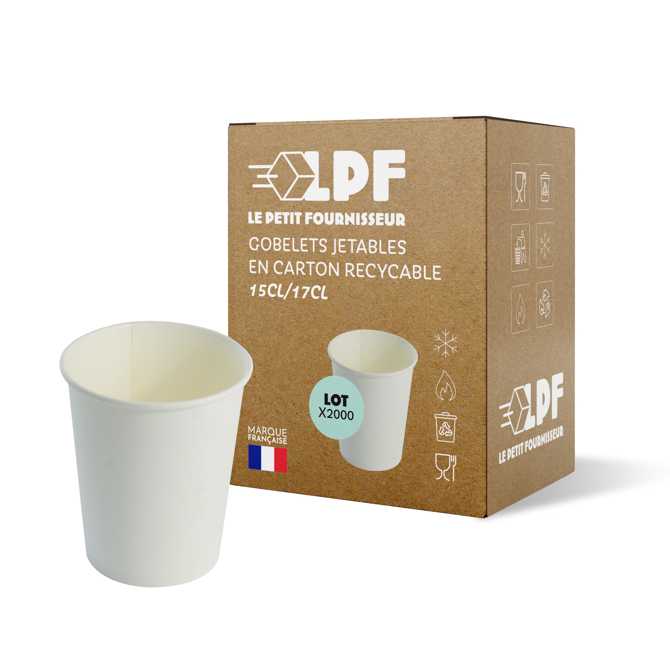 LPF LE PETIT FOURNISSEUR - 2000 Gobelets Carton Blanc 17cl - 100% Recyclable - Boissons Chaudes ou Froides