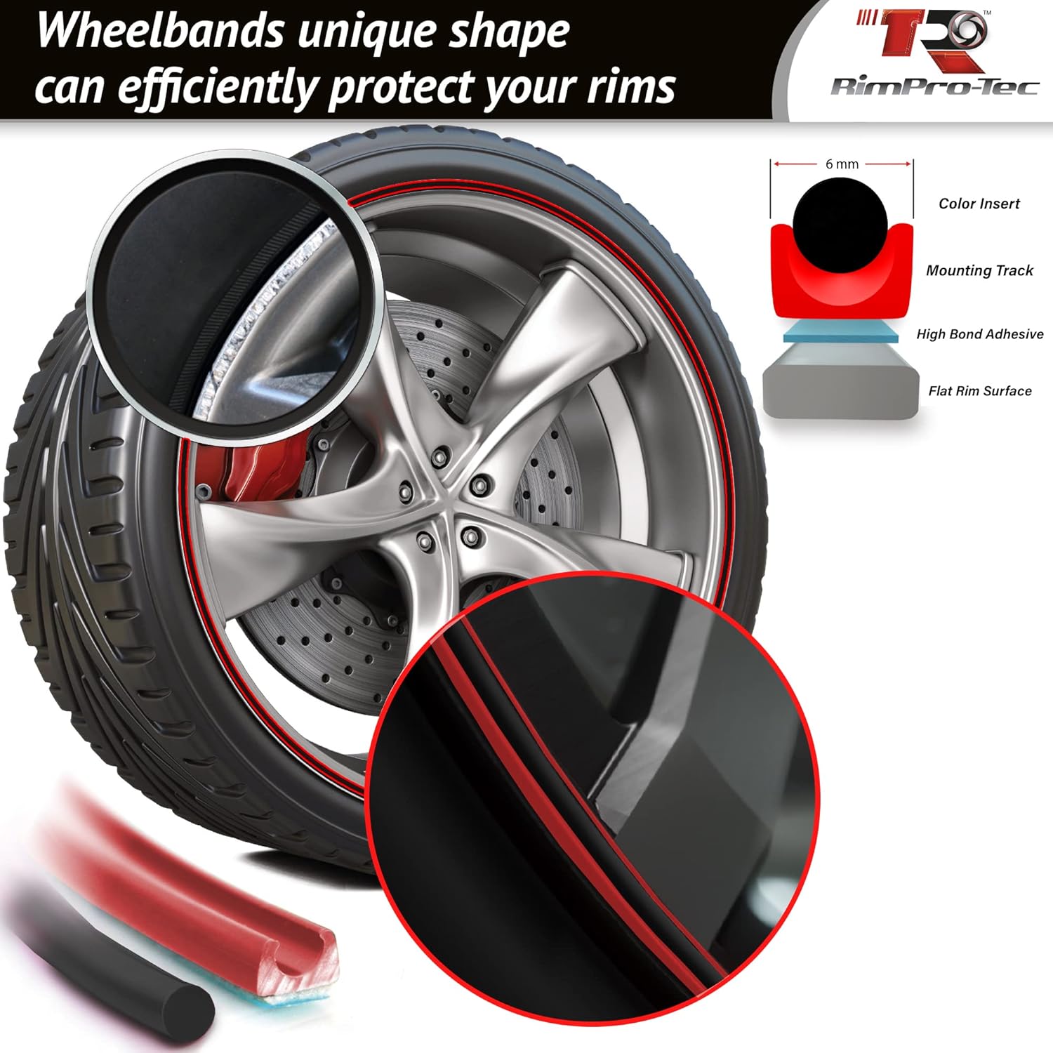 Rimpro-Tec Wheel Bands Rim Protectors for Car Wheels for Protection and Decor, Durable All-Weather Rims Protectors Easy-to-Install Rim Guard Fit from 12" to 22" Wheels Base: Red, Inner: Black.