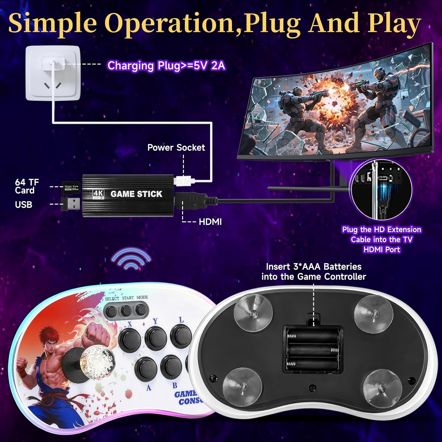 A16 Retro Game Console - Support and Wireless Connection,30000 in Classic Games,Two Separate 3D joysticks,Plug and Play 4K HD HDMI TV Game Stick Birthday Gifts for Boys and Girls