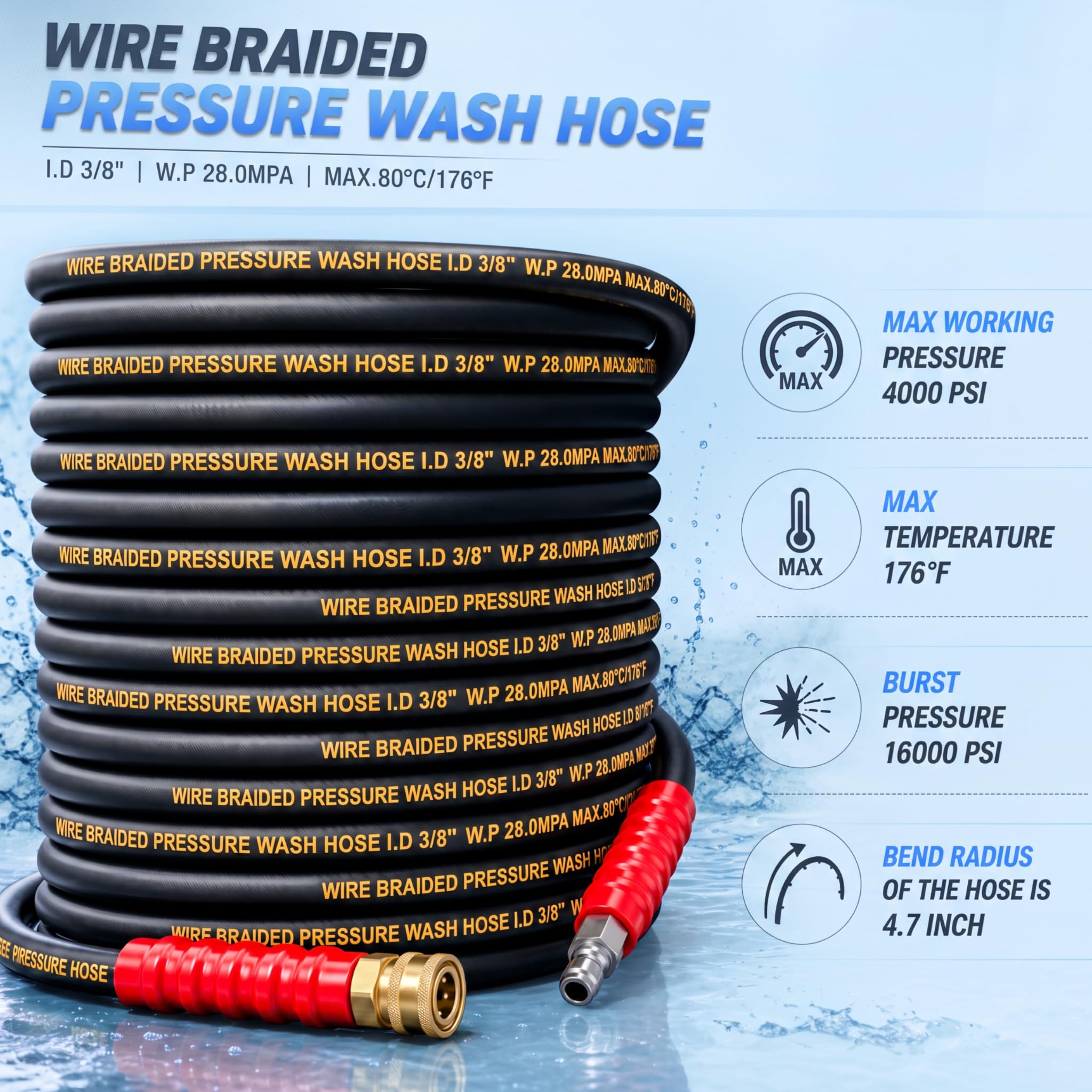Hourleey 50FT Pressure Washer Hose with 3/8 Inch Quick Connect, High Tensile Wire Power Washer Hose, 4000 PSI — Amazon image 6