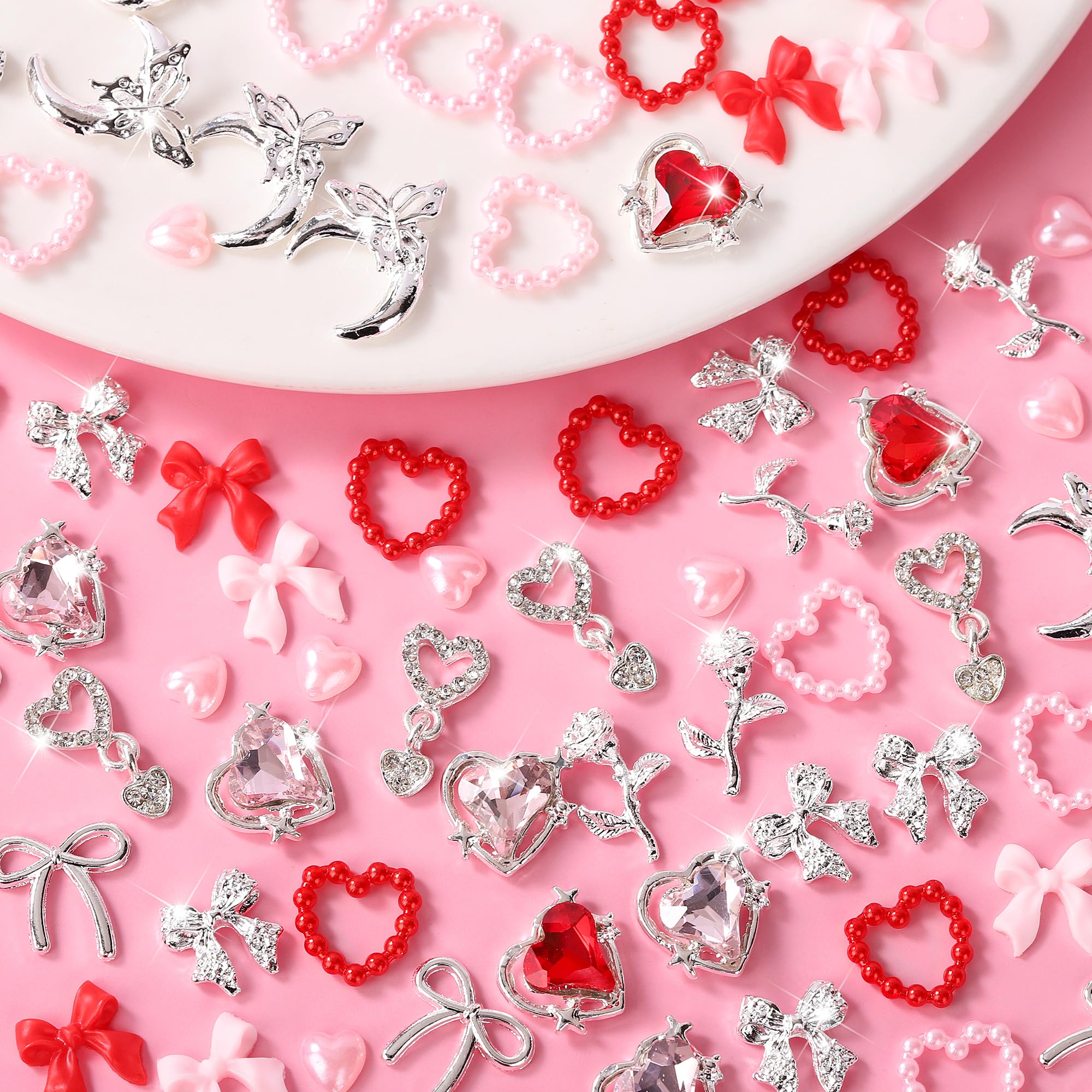 110 ciondoli e gemme rosa 3D per unghie, fiocchi e cuori rossi + fiori 3D argento per unghie con strass, perle, diamanti per decorazione unghie Y2K B