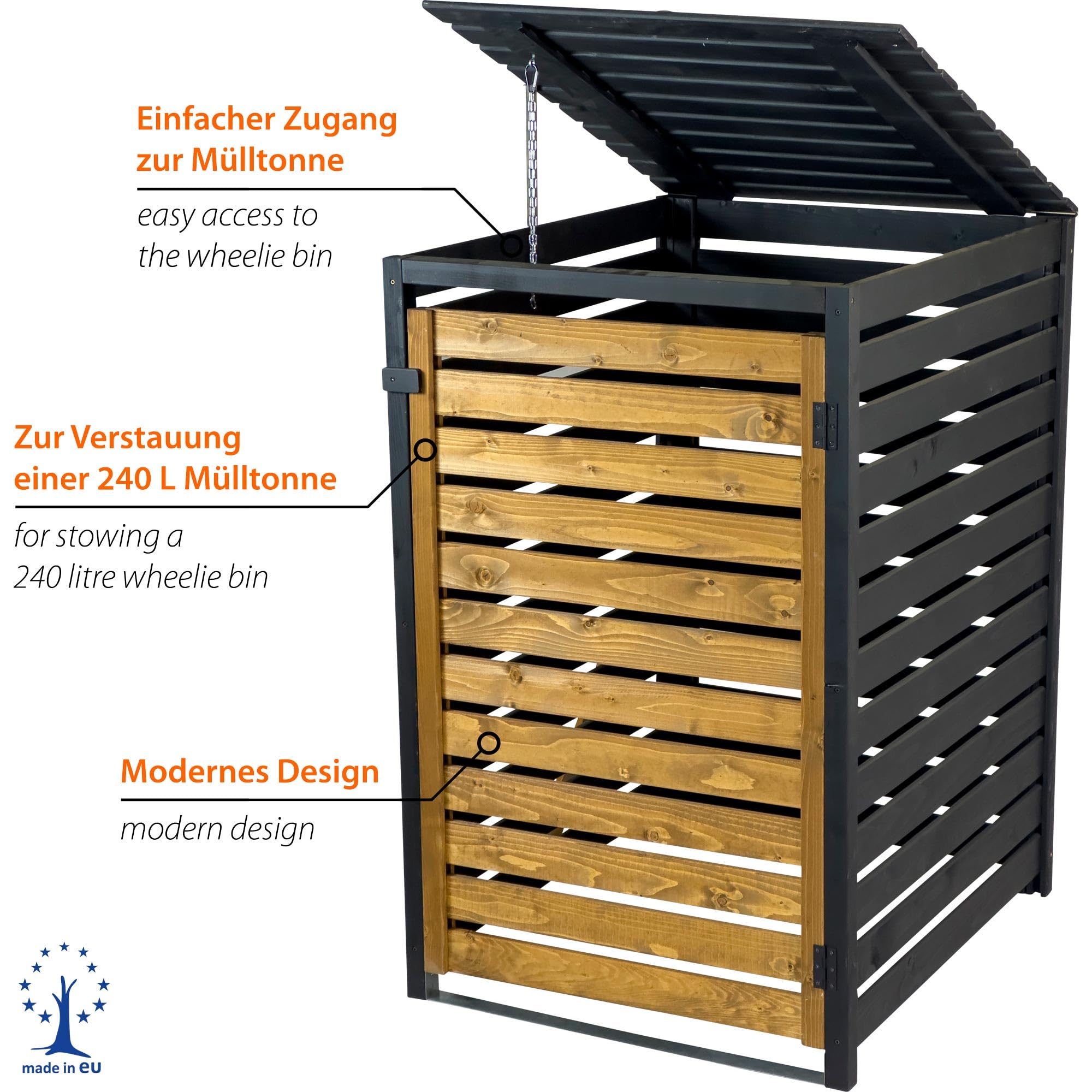 dobar® Green Label Cache-poubelles 1 pièce 240 l en Bois Marron/Noir en kit – Cache-Poubelle avec Couvercle et Porte battante Bicolore – 77 x 87 x 121 cm