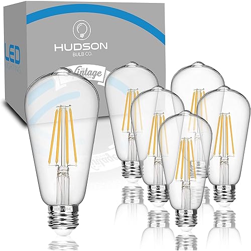 HUDSON BULB CO. Vintage LED 6W Edison Light Bulbs (6 Pack) - E26/E27 Base Light Bulbs 60 watt - 4000K Daylight White Light Bulbs - ST58 Style Filament Light Bulbs Set