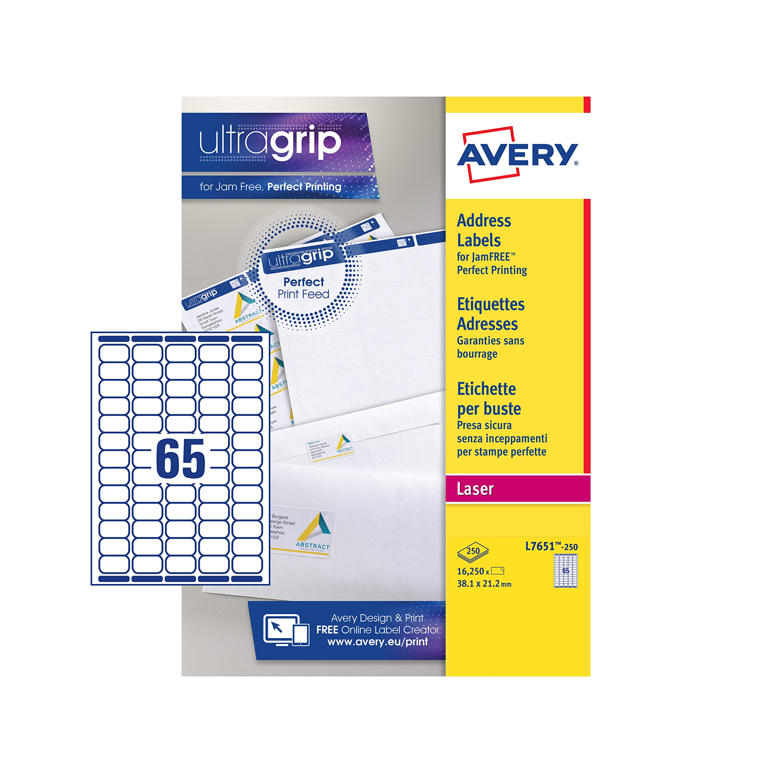 Avery samoprzylepne mini organizujące etykiety adresowe zwrotów, drukarki laserowe, 65 etykiet na arkusz A4, 16250 etykiet, QuickPEEL (L7651)