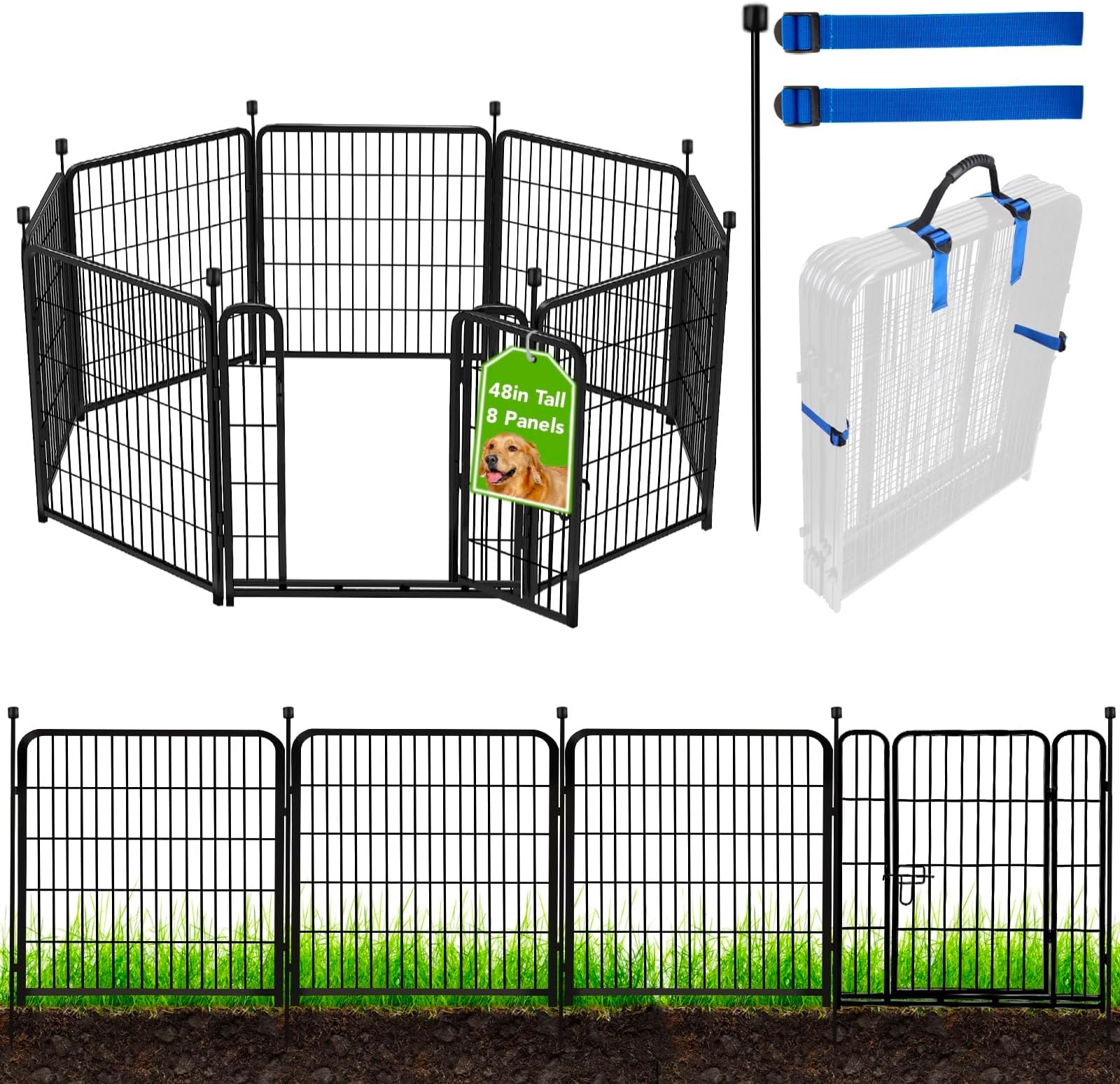 ADAVIN Tall Garden Fence with Gate, 48 in(H) 8 Panels Heavy Duty Iron Metal Animal Barrier Fence, Indoor Dog Playpen, Temporary Fencing, Dog Fence Outdoor for Yard, Total17.7 Ft(L), Black