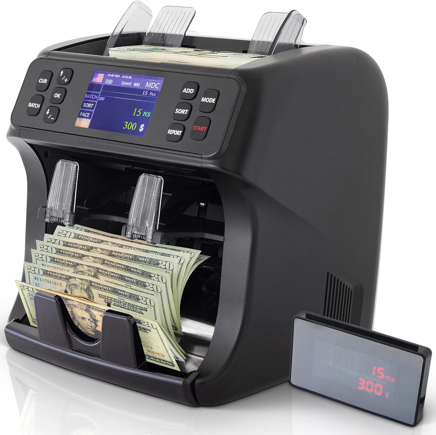 DETECK Money Counter Machine Mixed Denomination with Reject Pocket, 2Yr Warranty DT800 Bank Grade Multi Currency Bill Counter, Serial Nb, 2CIS/UV/MG Counterfeit Detection, Cash Counter, Sort & Print : Office Products