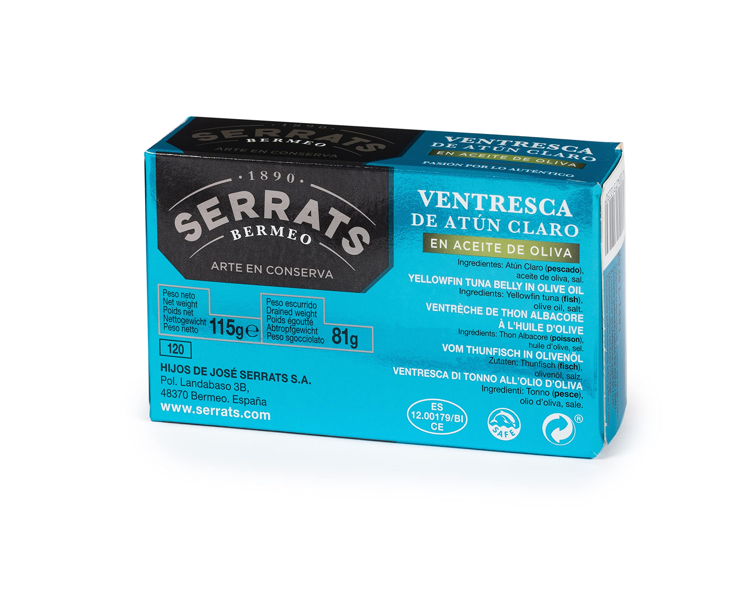 CONSERVAS SERRATS - Ventresca de Atún Claro en Aceite de Oliva Premium - 12 Latas x 115g (Total: 1380g) - La Parte Más Jugosa y Sabrosa del Atún - Elaboración Artesanal