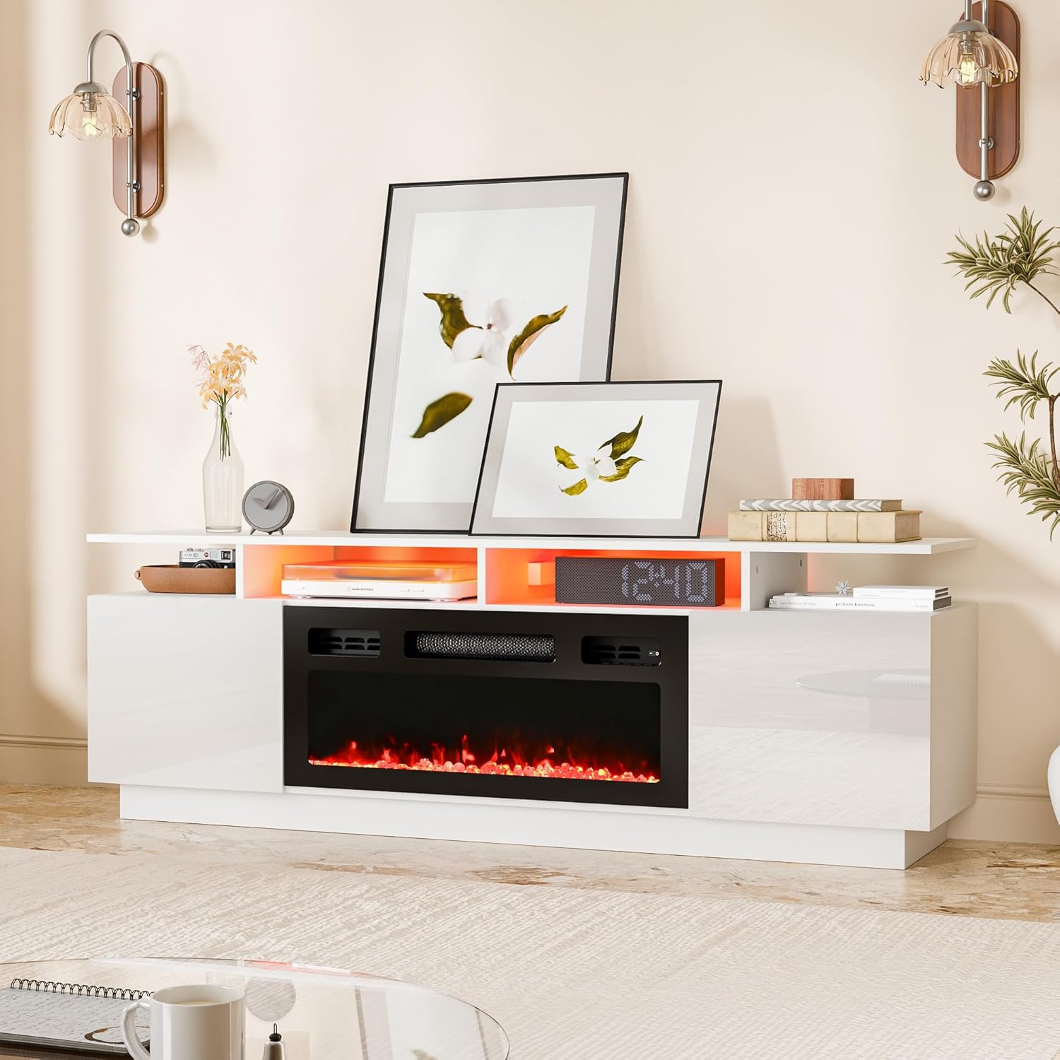 Cozy Castle Fireplace TV Stand for 65 70 75 Inch TV,LED Tv Console Entertainment Center with Storage,30" Electric Fireplace,High Gloss Modern Tv Stand with Charging Station for Living Room,White