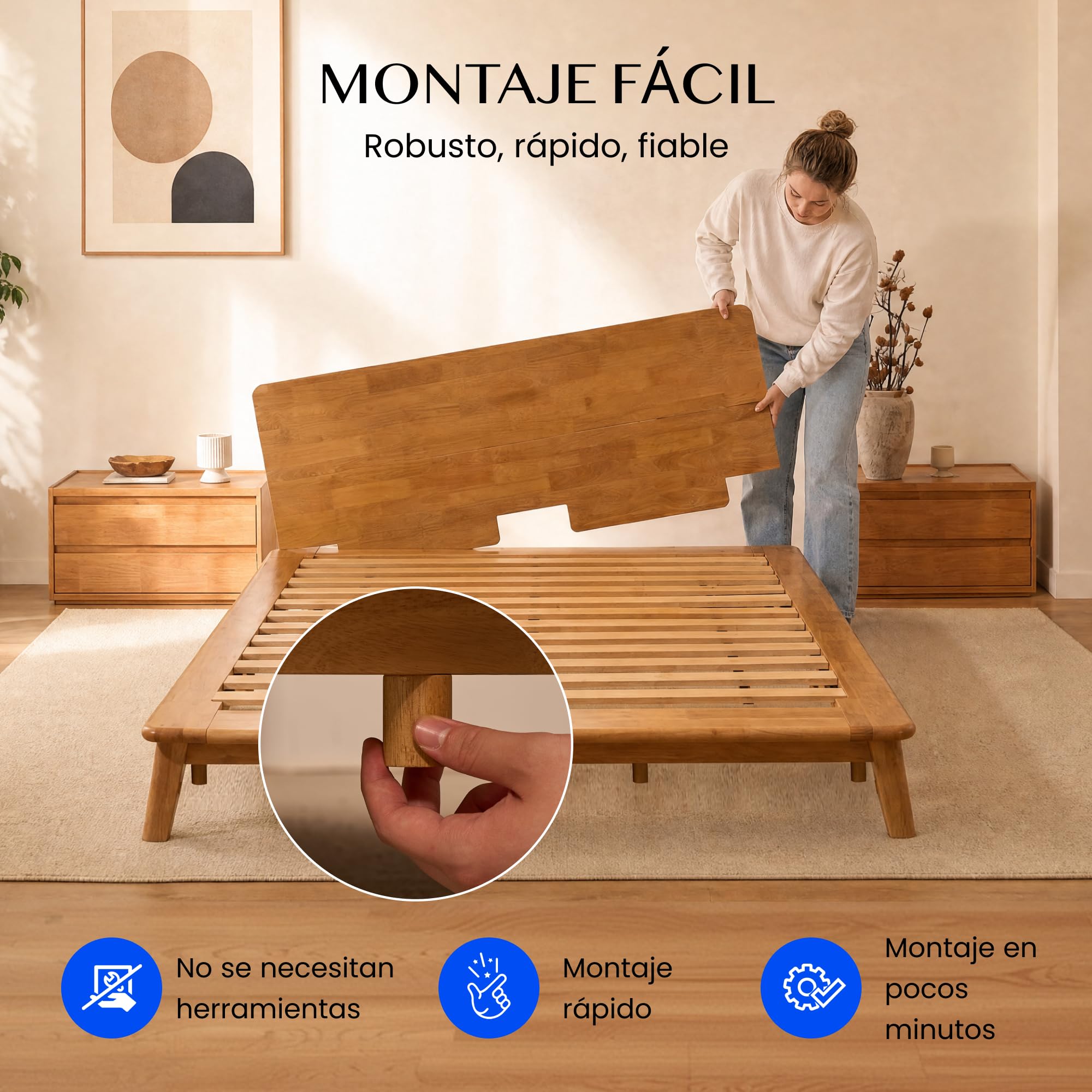 FLEXISPOT Cama de Madera Maciza 160x200 cm, Cama Doble de Madera de Caucho Natural, Sin Formaldehído, Montaje Sin Herramientas, Cabecero con Estante, Diseño Japandi, Cama Matrimonio Hako G1