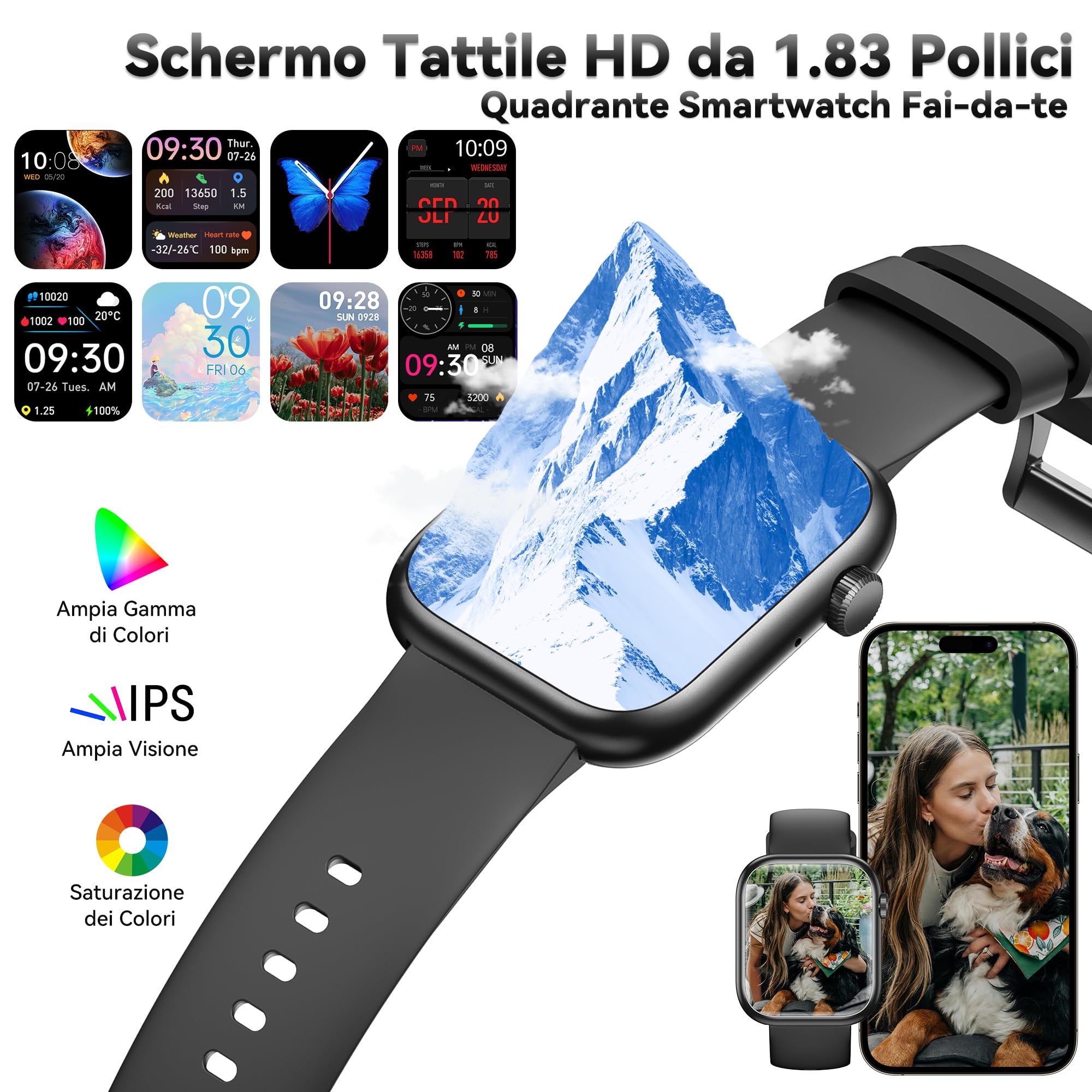 Smartwatch Uomo Donna, 1.83'' Orologio Smartwatch con Chiamata Bluetooth,Pressione Sanguigna/Cardiofrequenzimetro/Sonno,Contapassi,120+ Modalità Sportive, Impermeabile IP68 Smart Watch per Android&iOS