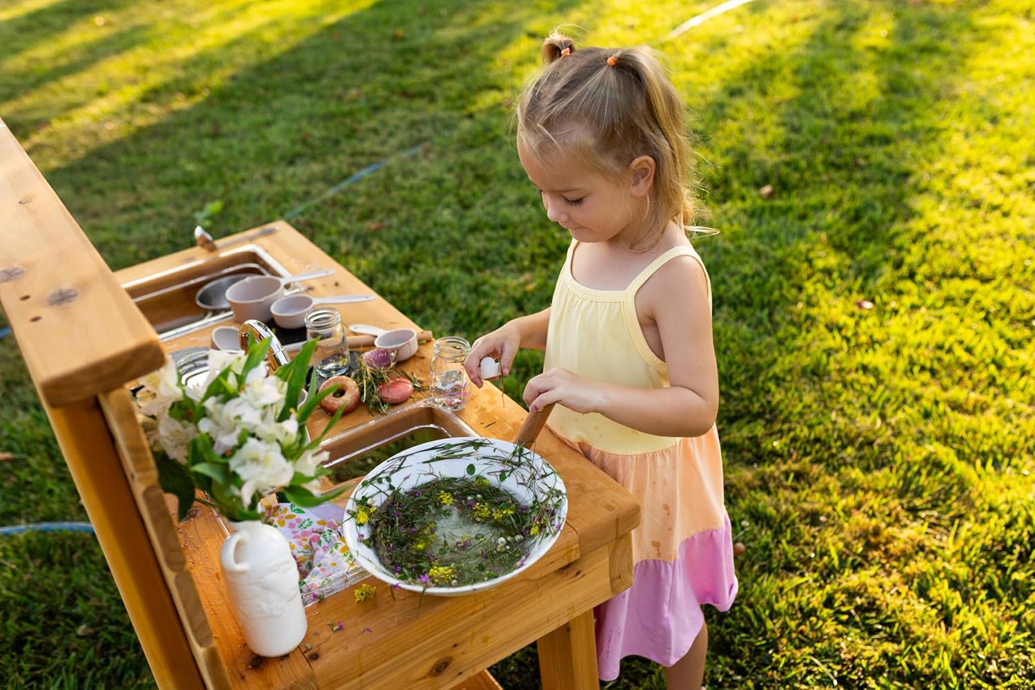 Noble Toys XL Cedar Outdoor Mud Kitchen Centered with Backsplash and Stovetop for Toddlers Kids | Pretend Play Table | Sensory Table | Outside Playset | Real Wooden Kitchens | Preschool Equipment