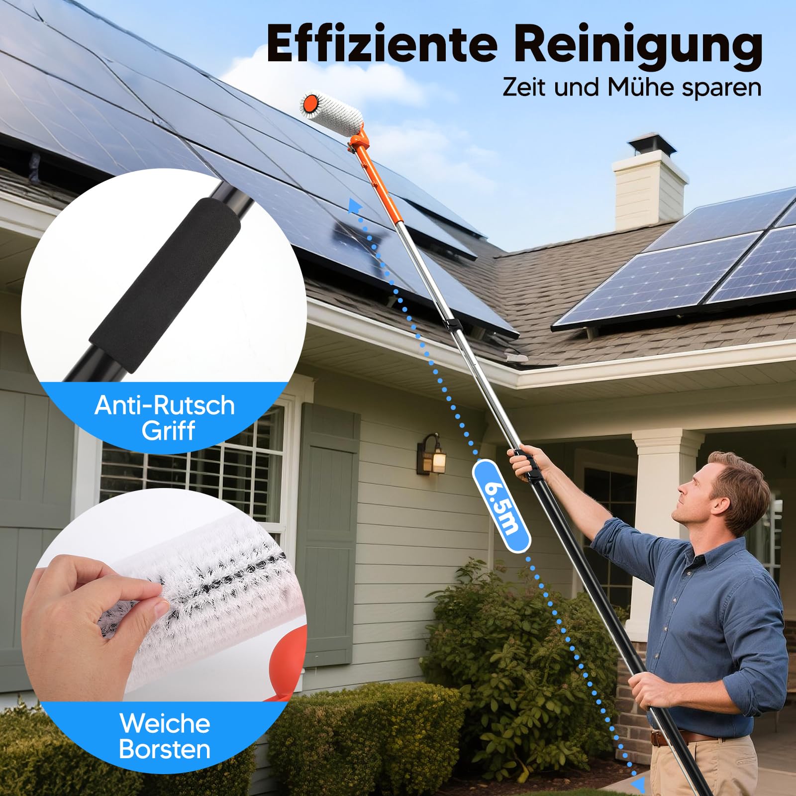 Elektrische Teleskop Waschbürste mit Teleskopstiel 6,5m - PV Anlage Reinigungswalze Waschbürste | Ausziehbar Teleskopstangen Reinigung für Fenster, Terrassendach, Wintergarten Reinigungsset