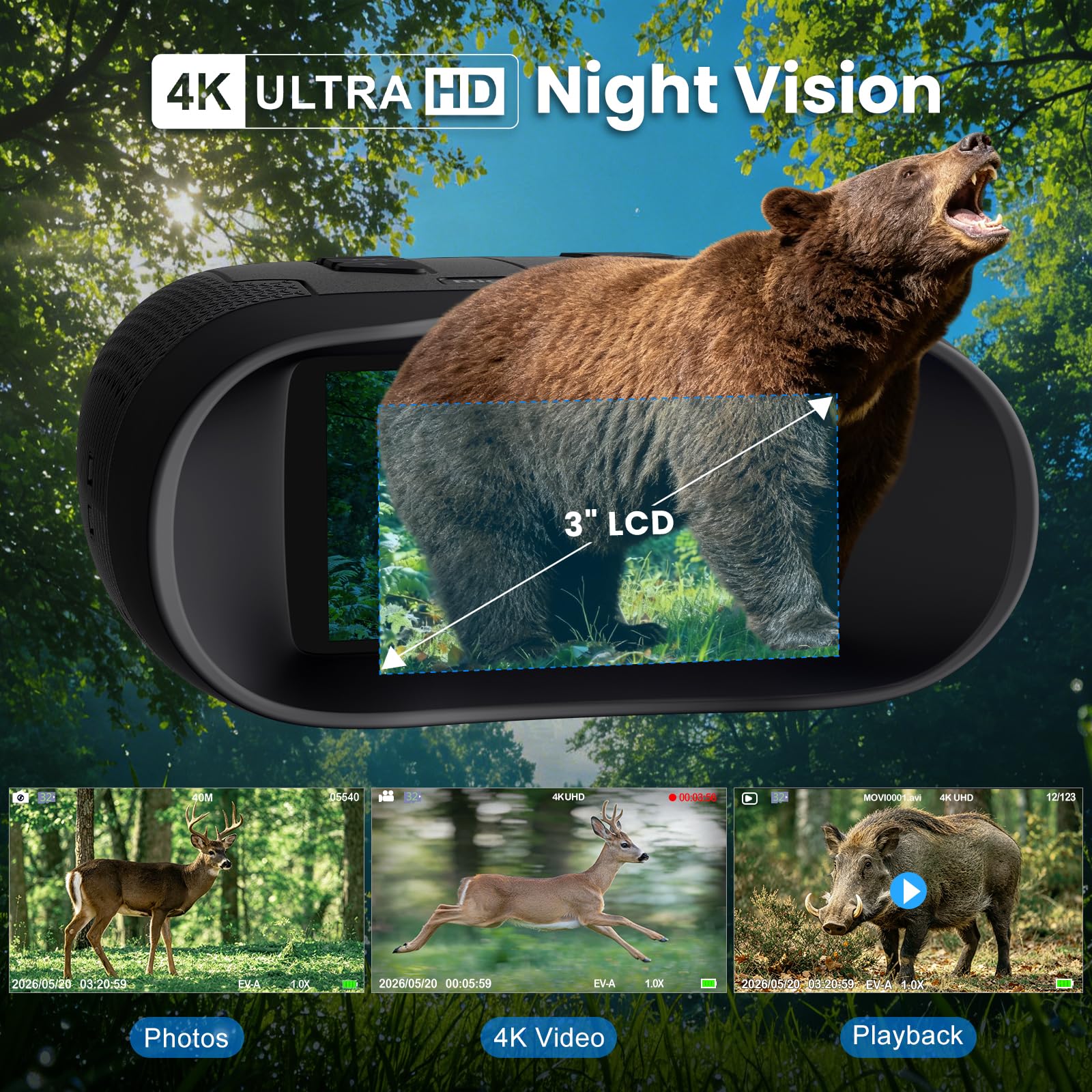 Binocolo Visione Notturna 4K, binocolo a infrarossi, da 40 MP | Batteria da 5000mAh, Zoom Digitale 8X, portata di 500M e Scheda da 32GB per Caccia, Campeggio Sicurezza e Attività all'aperto