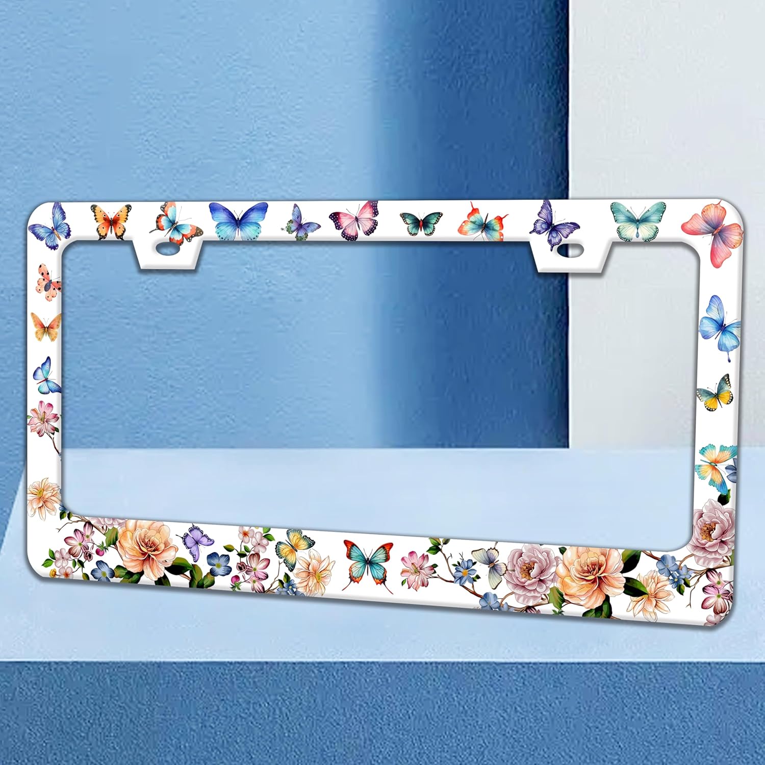 Colorful Butterfly Flowers License Plate Frame Beautiful Butterflies License Plate Holders Funny Stainless Steel Auto Accessory Bracket 2 Hole With Screws Universal Us Car License Plate Frames 6x12 In - Image 2