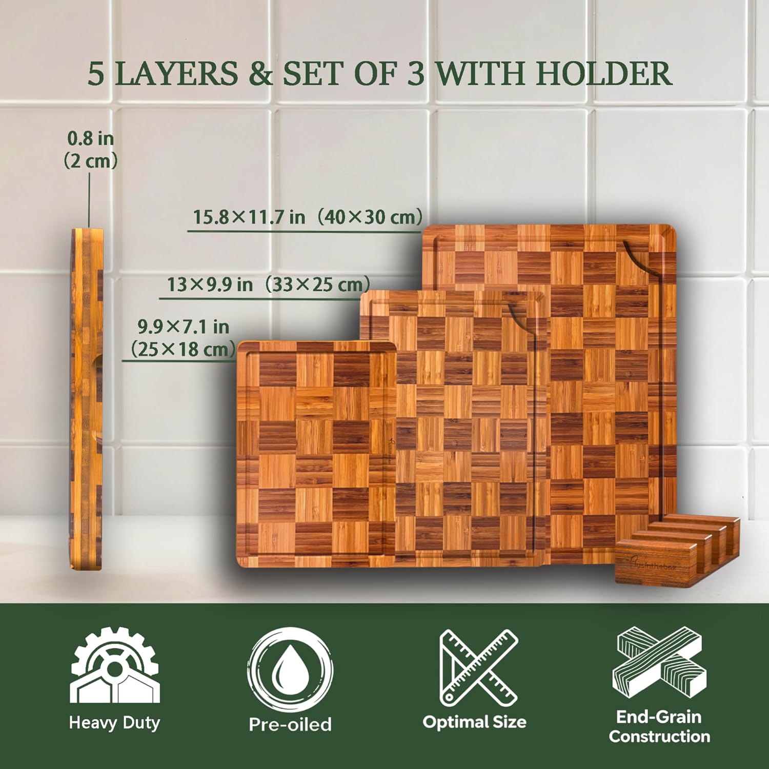 Bamboo Cutting Board Set of 3 for kitchen Checkered End Grain Chopping Boards with Storage Stand & Deeper Juice Grooves | Reversible Butcher Block for Meat, Cheese, Charcuterie & Kitchen Prep
