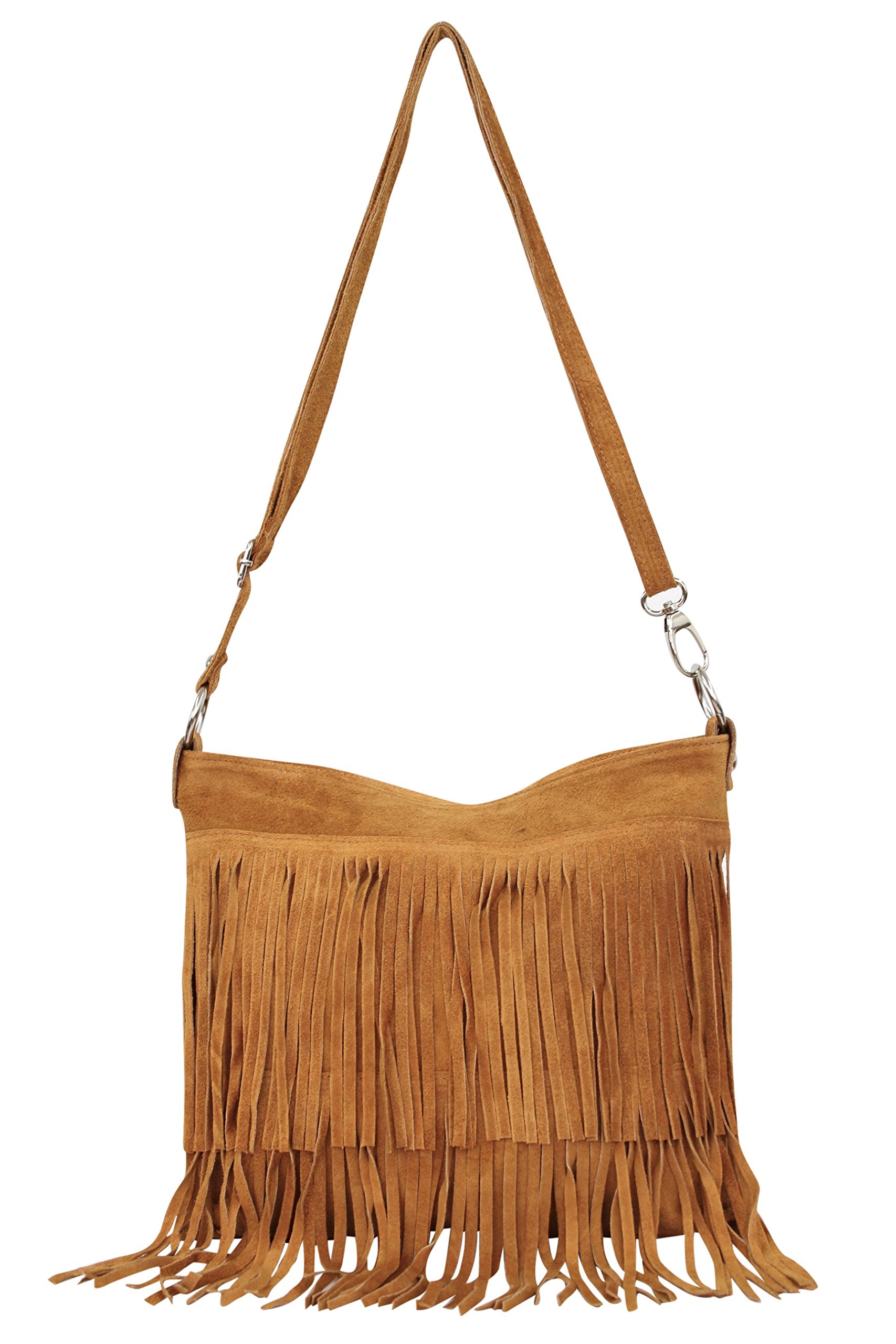 AMBRA Moda Damen Handtasche Ledertasche Umhängetasche Fransentasche Schultertasche Damentasche Wildleder 32 cm x 29 cm x 2 cm WL809 (Cognac)