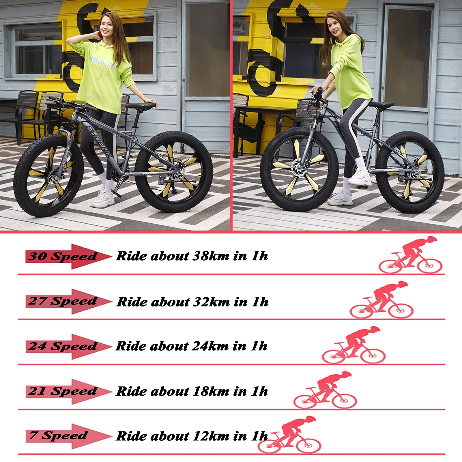 Bicicleta de montaña para Adultos, Ruedas de 26 Pulgadas, para Hombre y Mujer, de Acero, con neumáticos Anchos, rígida, Frenos de Disco mecánicos, radios Grises, 27 velocidades.