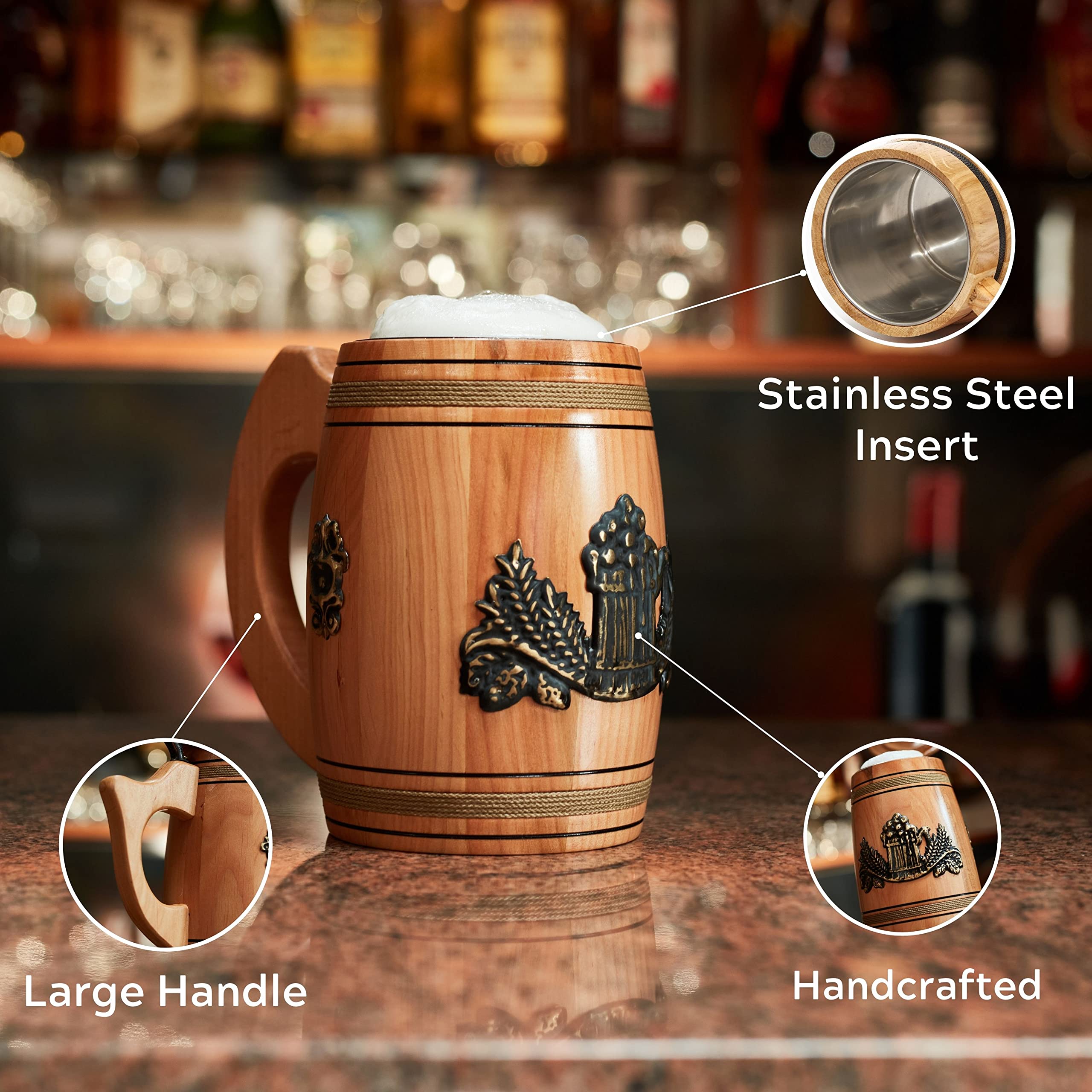 Houten bierpul met deksel, handgemaakt van echt eikenhout met een
