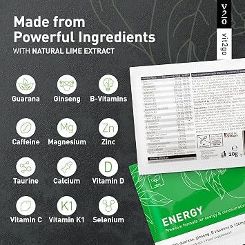 Energy - Natural Energy Drink Powder Sachets | 124mg Caffeine from Guarana, Ginseng, Taurine, B-Vitamins, Magnesium | Sugar Free Energy Supplement | 100% Vegan | 30 Sachets