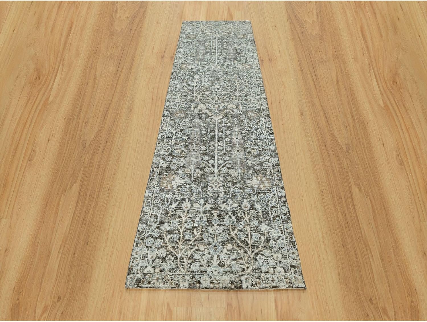 Gray Hand Knotted Silk with Textured Wool Willow and Cypress Tree Design Runner Rug (2'4"x8'1")